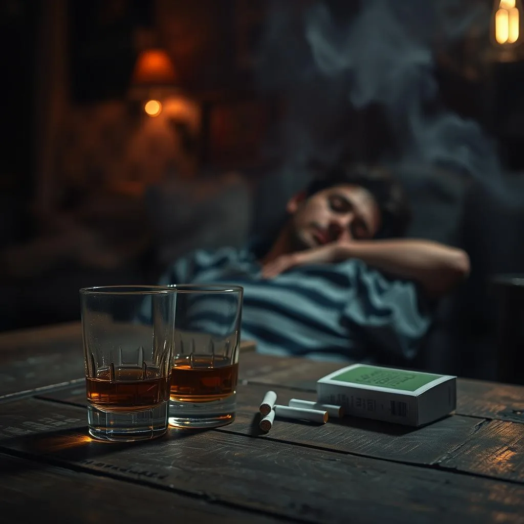 A dimly lit, moody scene depicting the lifestyle factors contributing to alcohol dehydration and a dry throat. In the foreground, a glass of whiskey and a pack of cigarettes sit on a weathered wooden table, symbolizing unhealthy habits. In the middle ground, a person is shown sleeping restlessly, their face expressing discomfort. The background features a hazy, smoke-filled environment, evoking the atmosphere of a late-night bar. The lighting is low and warm, creating a sense of fatigue and dehydration. The overall composition conveys the detrimental effects of alcohol consumption and poor lifestyle choices on throat moisture and overall well-being.