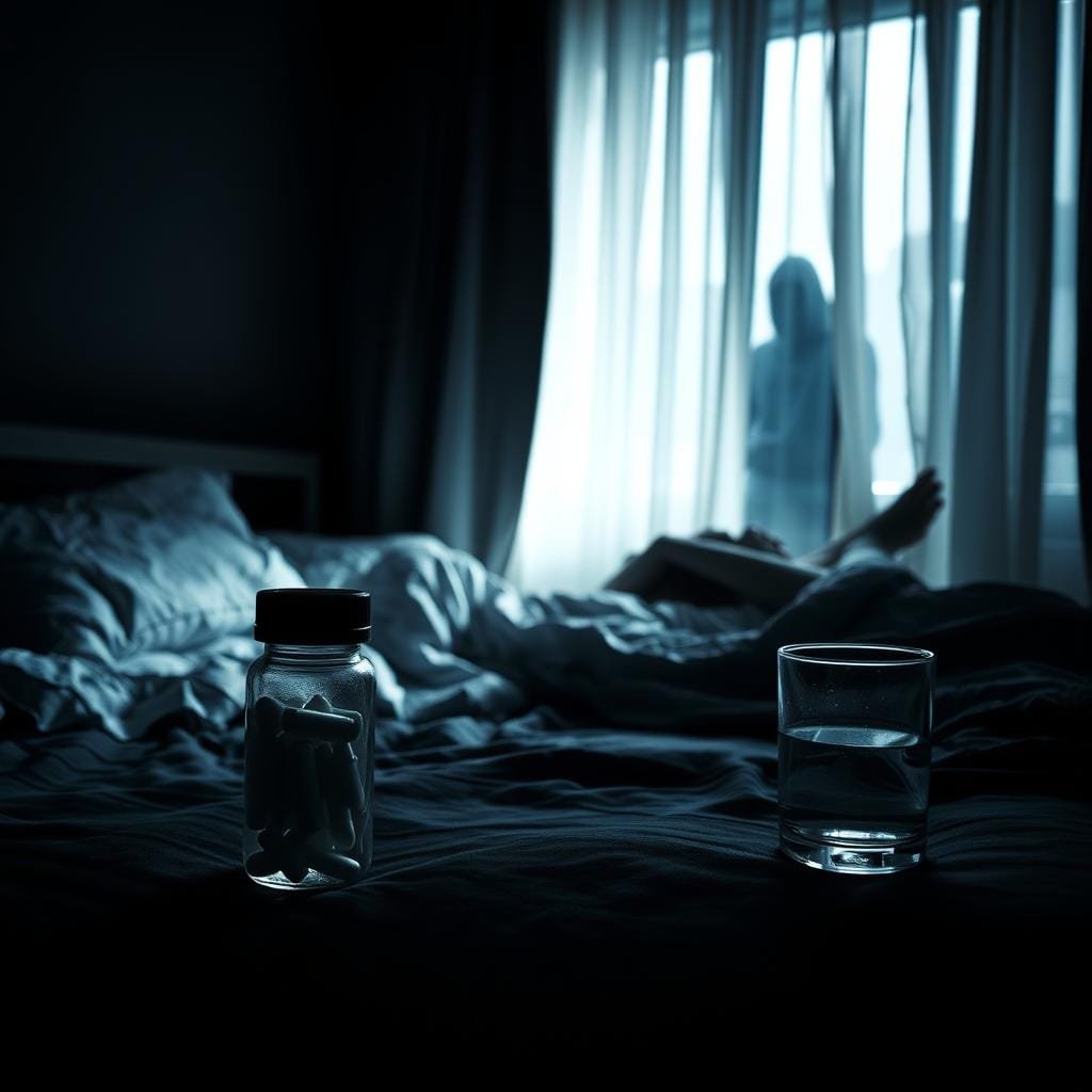 A dimly lit room, the curtains drawn tight, casting a melancholic glow over a restless figure tossing and turning in a disheveled bed. In the foreground, a bottle of sleeping pills and a half-empty glass of water, symbolizing the vicious cycle of insomnia and depression. In the background, a shadowy figure representing the overwhelming sense of hopelessness and despair, looming over the scene. The image is captured with a moody, low-key lighting setup, creating a sense of unease and tension. The overall composition conveys the bidirectional relationship between depression and insomnia, the one feeding into the other, creating a seemingly inescapable trap.