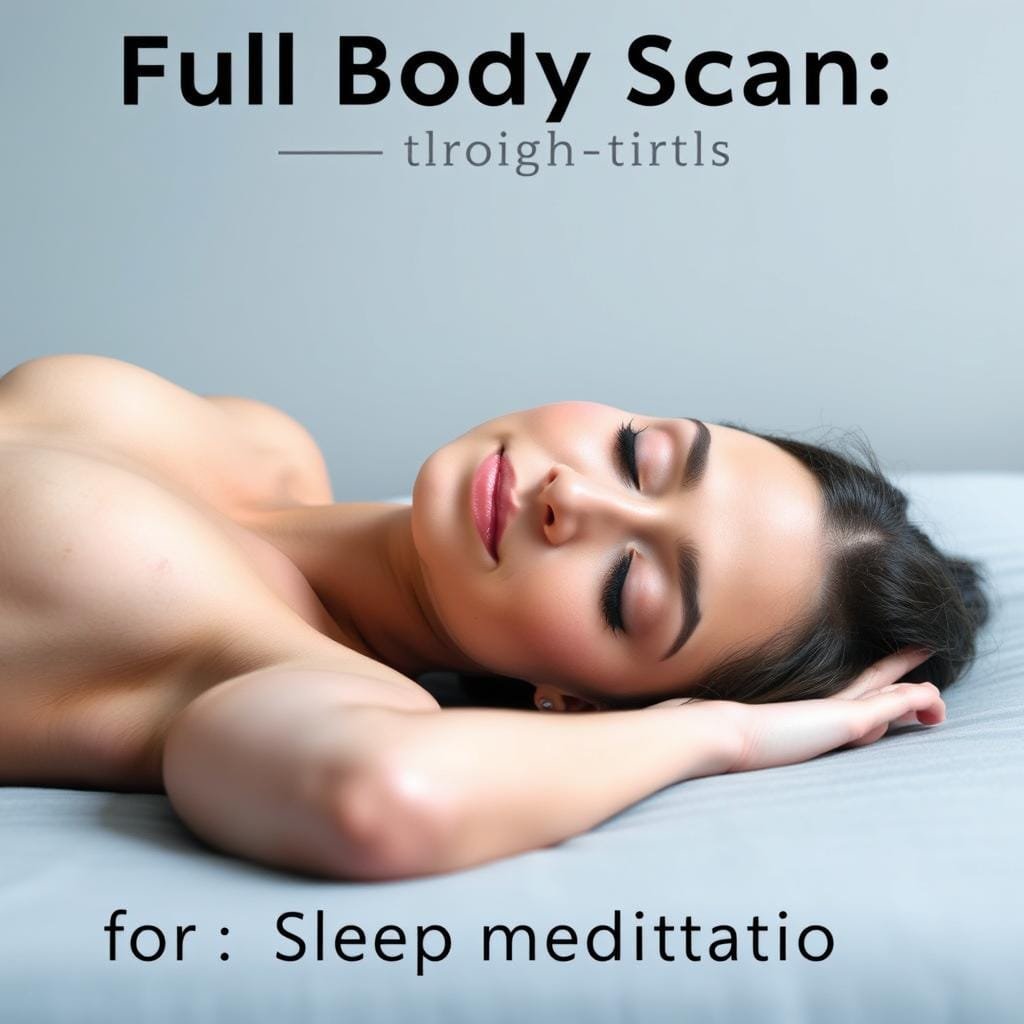A full-body scan image for sleep meditation, captured with a soft, diffused lighting setup. The subject is lying in a comfortable position, eyes closed, with a serene, peaceful expression. The background is a neutral, calming color palette, perhaps shades of blue or gray, creating a tranquil atmosphere. The composition emphasizes the subject's form, with a focus on the head, torso, and limbs, showcasing the body's stillness and relaxation. This image aims to visually guide the viewer through a mindful, meditative body scan technique to induce deep relaxation and prepare the mind and body for restful sleep.