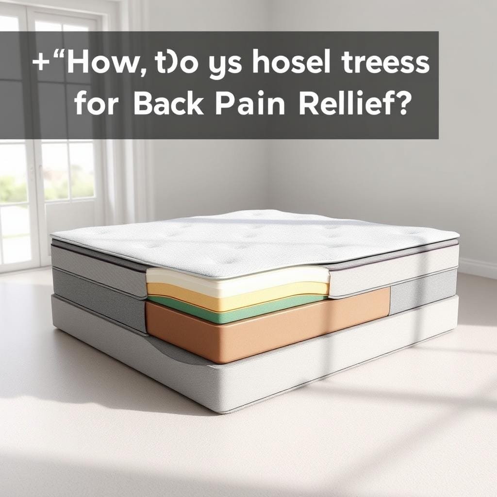 A high-quality, realistic 3D rendering of a mattress with a cutaway view, showcasing its internal structure and firmness levels. The mattress is positioned in a minimalist, well-lit bedroom setting with soft, diffused lighting from large windows. The camera angle captures the mattress at a slight diagonal, allowing viewers to see the varying density and support levels within the mattress core. The mattress is depicted in neutral, calming colors that complement the serene bedroom atmosphere. The overall scene conveys a sense of comfort, relaxation, and the importance of choosing the right mattress for back pain relief.