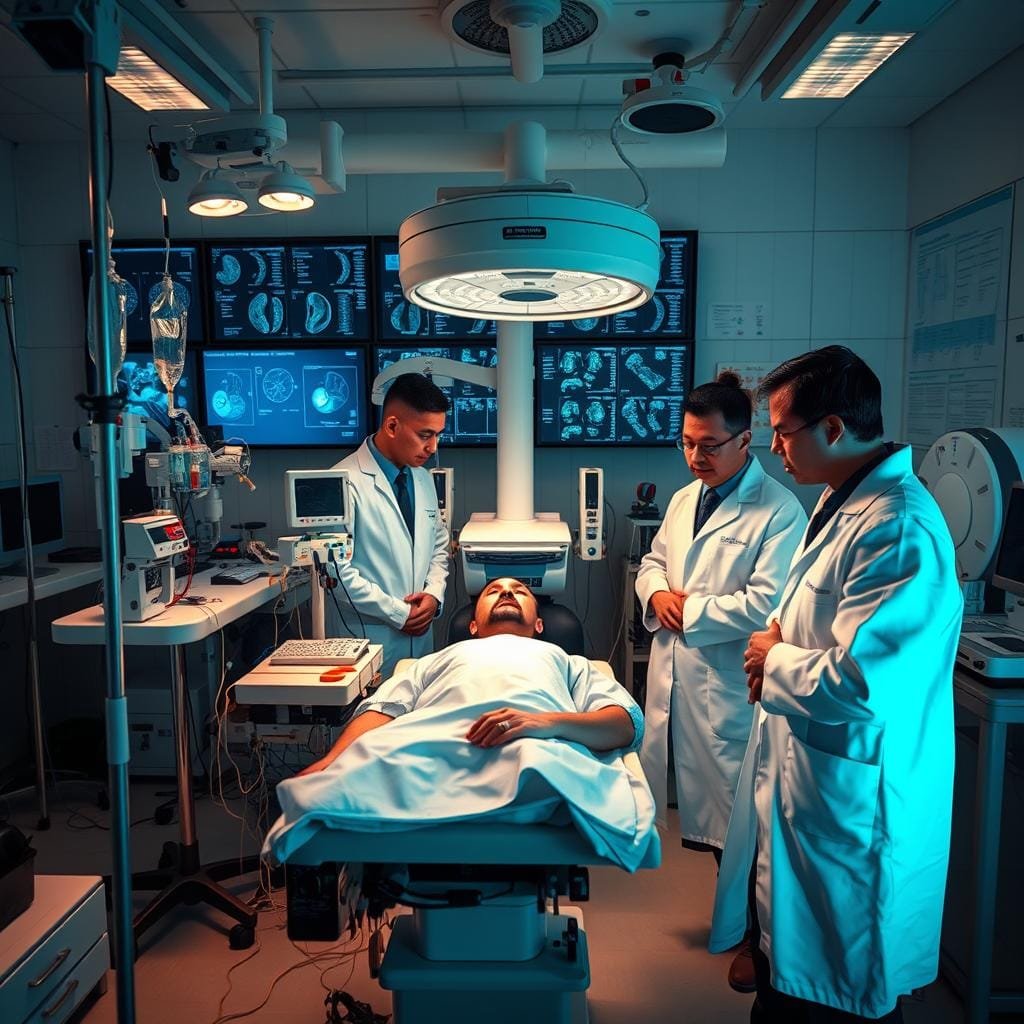 A laboratory setting with various medical equipment and scientific apparatus. In the foreground, a patient undergoing an experimental treatment, surrounded by attentive researchers in white coats. The middle ground showcases a range of experimental therapies, including IV drips, medical scanners, and specialized devices. The background features a wall of diagnostic screens and charts, illuminating the complex nature of the research. Soft, directional lighting creates a contemplative atmosphere, conveying the seriousness and dedication of the pursuit to find new treatments for Familial Insomnia.