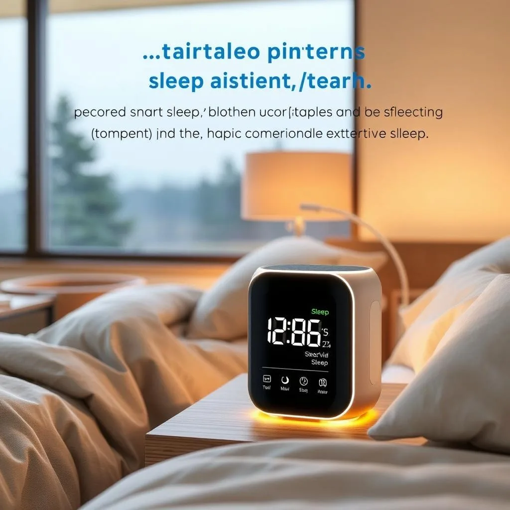 A modern bedside alarm clock with advanced sleep tracking sensors and soothing ambient lighting, set against a minimalist, Scandinavian-inspired bedroom interior with natural wood tones and soft gray textiles. The alarm clock features a sleek, cylindrical design with a digital display showing time, sleep data, and smart home controls. Warm, diffused light emanates from the edges, creating a calming atmosphere. In the background, a large window overlooks a tranquil, tree-lined landscape, hinting at the peaceful, restorative sleep that the smart technology aims to facilitate.