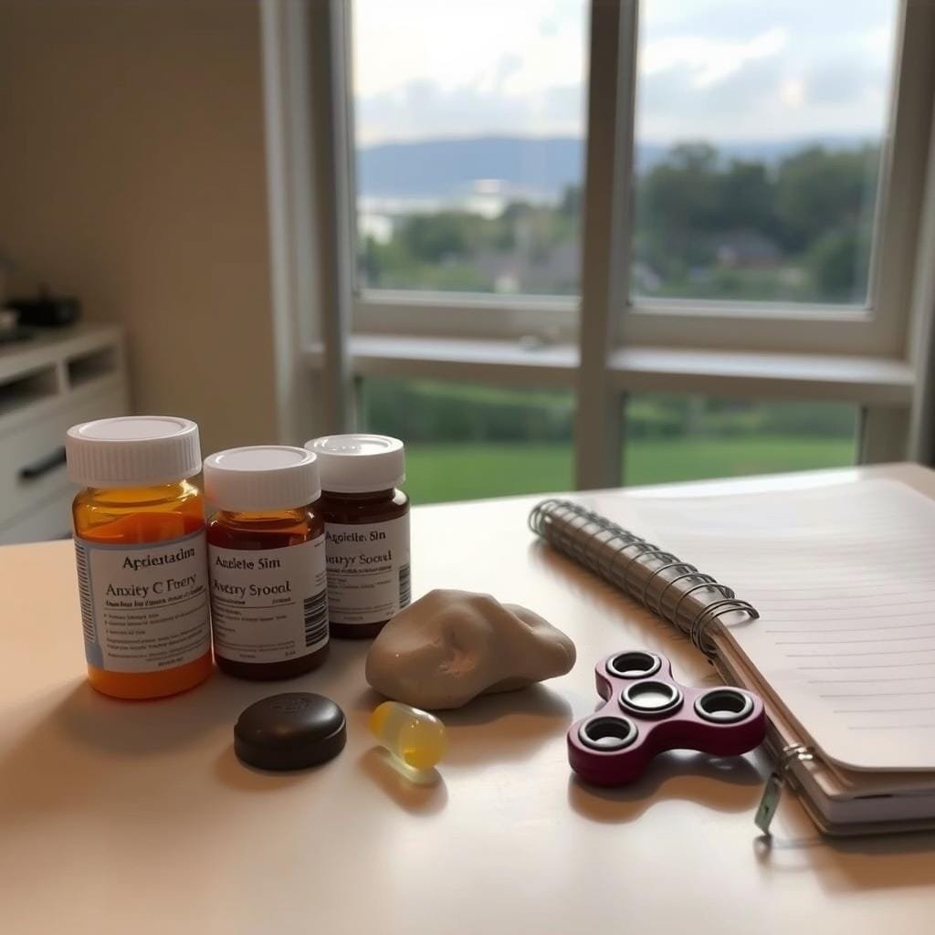 A neatly arranged desk with various anxiety treatment options, including prescription bottles, a worry stone, a fidget spinner, and a journal. The lighting is soft and diffused, creating a calming atmosphere. In the background, a window overlooking a serene, natural landscape provides a sense of tranquility. The overall scene conveys a professional and therapeutic environment, suitable for addressing nighttime anxiety through medical and therapeutic approaches.