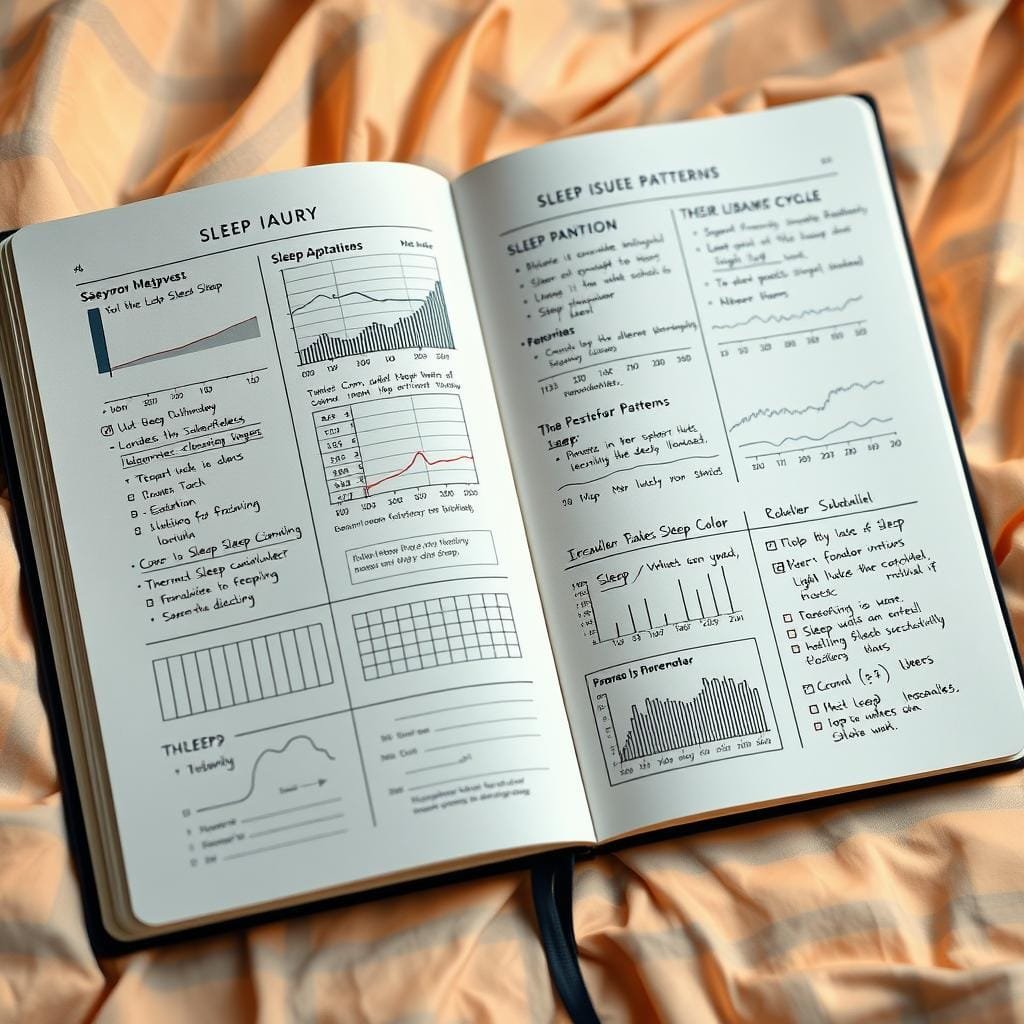 A neatly organized sleep diary with various sleep issue patterns clearly illustrated, captured under warm, ambient studio lighting. Detailed graphs, charts, and hand-drawn annotations depict common sleep disruptions like insomnia, sleep apnea, and irregular sleep-wake cycles. The composition has a clean, minimalist aesthetic with a calm, analytical mood, emphasizing the informative nature of the content. The page layout and design convey a sense of clarity and focus, guiding the viewer through the sleep data with ease.