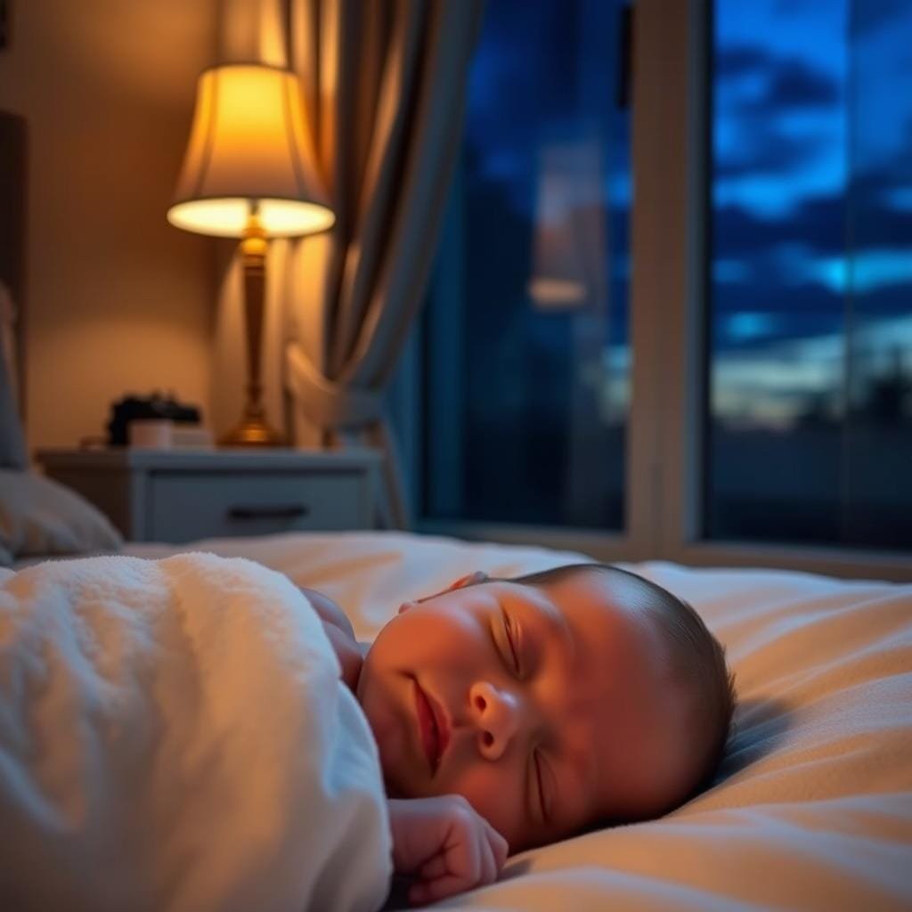 A newborn baby peacefully sleeping, their face partially obscured by a soft, cozy blanket. The room is dimly lit, with warm hues from a bedside lamp casting a gentle glow. Through a partially open curtain, the sky outside is darkened, suggesting it's nighttime, yet the baby remains undisturbed, unaware of any day-night confusion. An air of tranquility and serenity pervades the scene, reflecting the challenges many new parents face in establishing a consistent sleep schedule for their little one.