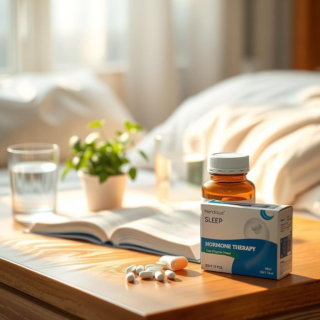 A peaceful bedside table with a glass of water, an open book, and a small potted plant. In the foreground, a bottle of sleep-promoting supplements and a box of hormone therapy pills. Warm, soft lighting illuminates the scene, creating a calming, natural atmosphere. The composition emphasizes the balance between natural and medical sleep aids, hinting at the nuanced approach to menopause insomnia treatment. Detailed, photorealistic rendering with a slightly dreamy, therapeutic quality.