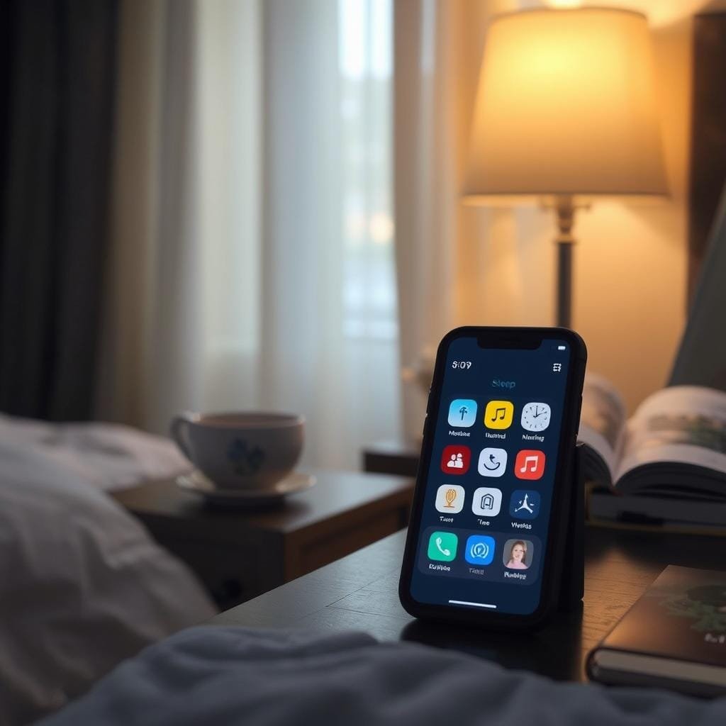 A peaceful, dimly lit bedroom with a smartphone on a nightstand, its screen displaying various sleep meditation app icons. A soft, warm light filters through sheer curtains, creating a calming atmosphere. In the background, a bedside table holds a cup of herbal tea and a book on mindfulness. The overall scene conveys a sense of tranquility and relaxation, inviting the viewer to explore the digital tools for meditation-based sleep support.