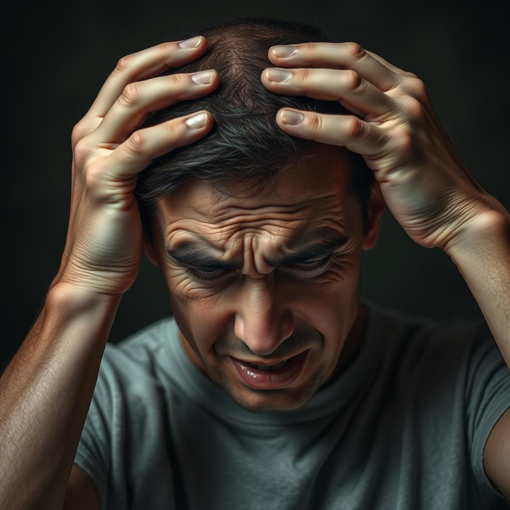 A person clutching their head in pain, the expression on their face contorted with discomfort. Veins pulsing visibly at the temples, skin pale and clammy. The background a muted, hazy environment, evoking the foggy, disoriented state of a caffeine withdrawal headache. Dramatic, low-key lighting casts dramatic shadows, emphasizing the intensity of the migraine-like symptoms. The overall scene conveying a sense of acute physical distress and the debilitating nature of this common lifestyle-related condition.
