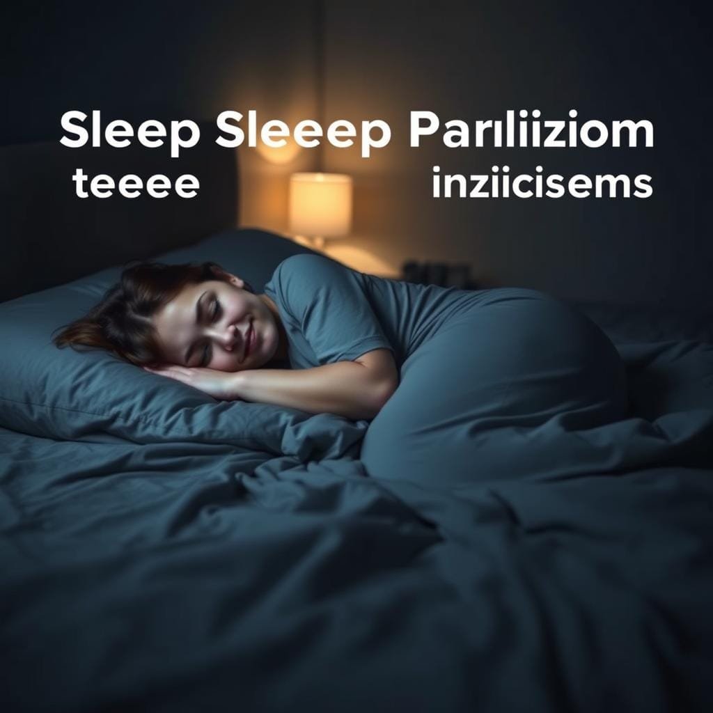 A person lying on their side, curled up comfortably, with a serene expression on their face. The bedroom is dimly lit, creating a calming atmosphere. Soft, muted tones of gray and blue dominate the color palette, with a warm, ambient light source in the background, casting a gentle glow over the scene. The bedding is plush and inviting, with just the right amount of contrast to highlight the position of the sleeper. The camera angle is slightly elevated, giving a bird's-eye view of the restful pose, emphasizing the relaxed state of the subject. The overall impression is one of peaceful slumber, providing a visual representation of the optimal sleep position to prevent sleep paralysis episodes.