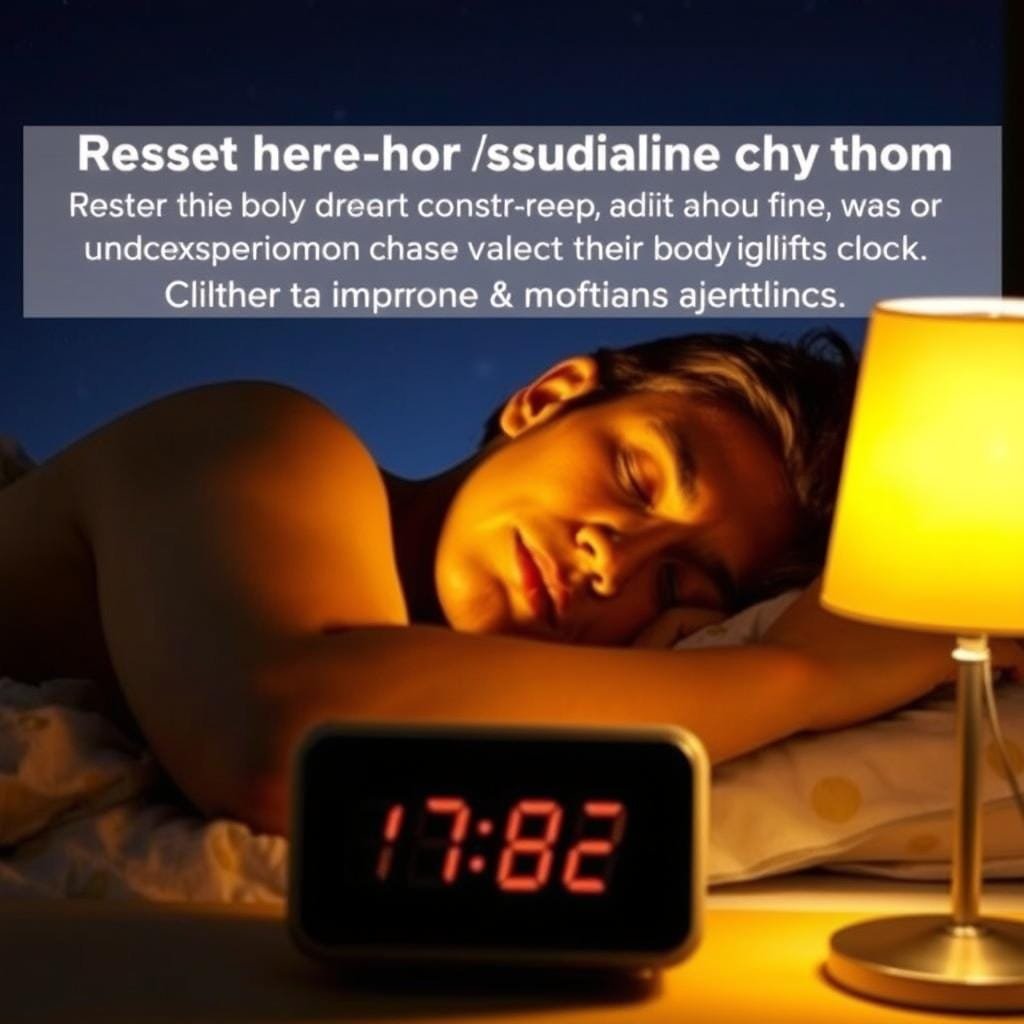 A person sleeping deeply, their body and face illuminated by a warm, golden glow. In the foreground, a bedside lamp casts a soft, diffused light, symbolizing the resetting of the circadian rhythm. In the middle ground, a digital clock display shows the time, highlighting the importance of maintaining a consistent sleep schedule. In the background, a faint, starry night sky suggests the tranquility and restoration of the body's natural cycles under the influence of light exposure. The scene conveys a sense of peaceful rejuvenation, with the lighting and composition emphasizing the scientific principles of how light exposure can reset the body's internal clock for improved sleep and morning alertness.