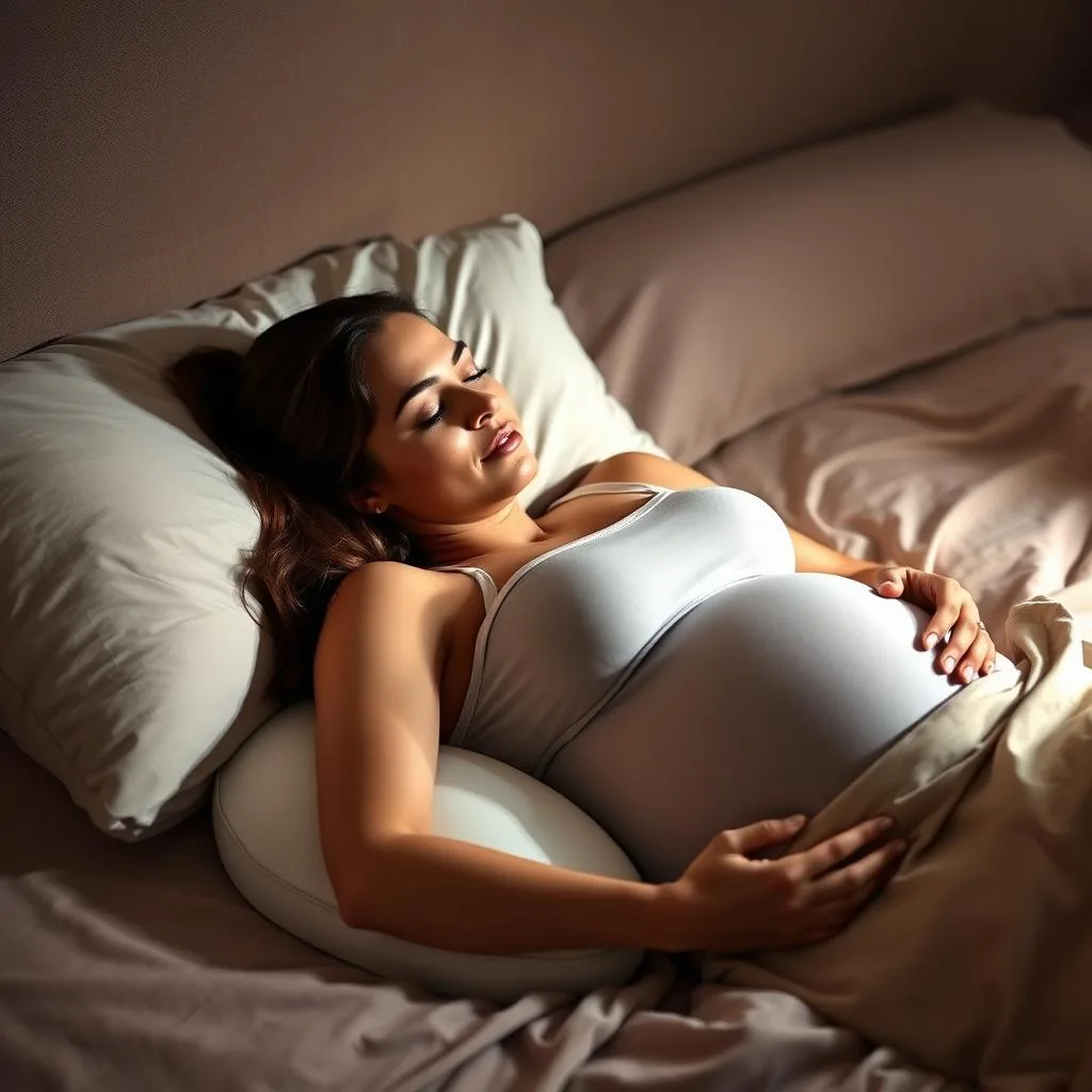 A pregnant woman lying on her left side, her head resting peacefully on a soft pillow. Her belly is gently cradled by a supportive pregnancy pillow, providing comfort and relief. The room is dimly lit, with warm, diffused lighting casting a serene glow. The bedding is luxurious, in muted, calming tones. The woman's expression is one of tranquility, as she finds rest in this safe, side-sleeping position recommended during pregnancy. The scene evokes a sense of relaxation and well-being, reflecting the importance of proper sleep positioning for expectant mothers. A pregnant woman lying on her left side, her head resting peacefully on a soft pillow. Her belly is gently cradled by a supportive pregnancy pillow, providing comfort and relief. The room is dimly lit, with warm, diffused lighting casting a serene glow. The bedding is luxurious, in muted, calming tones. The woman's expression is one of tranquility, as she finds rest in this safe, side-sleeping position recommended during pregnancy. The scene evokes a sense of relaxation and well-being, reflecting the importance of proper sleep positioning for expectant mothers.