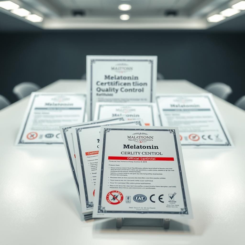 A professional, high-quality photograph capturing the essential details of official melatonin quality control certifications. The foreground depicts multiple certification documents in various sizes and formats, prominently displayed on a clean, minimalist table. The middle ground showcases these certifications under a soft, even lighting setup, highlighting the official seals, stamps, and signatures. The background remains subtly blurred, maintaining focus on the certifications as the central subject. The overall mood conveys a sense of reliability, transparency, and adherence to industry standards, reflecting the importance of choosing high-quality melatonin products.
