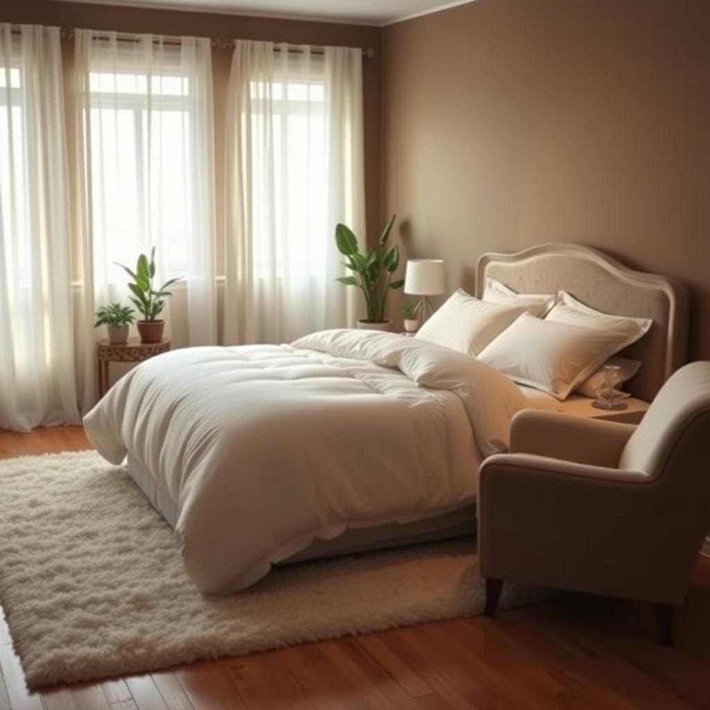 A serene and cozy bedroom with a plush king-sized bed adorned with crisp white sheets and a cozy down comforter. Soft, warm lighting filters in through sheer curtains, casting a gentle glow across the room. A pair of potted plants and a small, carved wooden side table add natural elements to the space. The walls are painted a soothing, earthy tone, and a large, fluffy rug covers the hardwood floor, inviting bare feet. An oversized armchair sits in the corner, perfect for curling up with a book before drifting off to sleep. The overall atmosphere is tranquil, peaceful, and designed to promote deep, restful slumber.