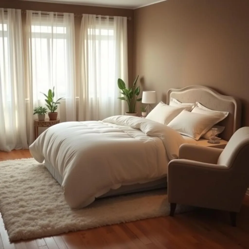 A serene and cozy bedroom with a plush king-sized bed adorned with crisp white sheets and a cozy down comforter. Soft, warm lighting filters in through sheer curtains, casting a gentle glow across the room. A pair of potted plants and a small, carved wooden side table add natural elements to the space. The walls are painted a soothing, earthy tone, and a large, fluffy rug covers the hardwood floor, inviting bare feet. An oversized armchair sits in the corner, perfect for curling up with a book before drifting off to sleep. The overall atmosphere is tranquil, peaceful, and designed to promote deep, restful slumber. A serene and cozy bedroom with a plush king-sized bed adorned with crisp white sheets and a cozy down comforter. Soft, warm lighting filters in through sheer curtains, casting a gentle glow across the room. A pair of potted plants and a small, carved wooden side table add natural elements to the space. The walls are painted a soothing, earthy tone, and a large, fluffy rug covers the hardwood floor, inviting bare feet. An oversized armchair sits in the corner, perfect for curling up with a book before drifting off to sleep. The overall atmosphere is tranquil, peaceful, and designed to promote deep, restful slumber.