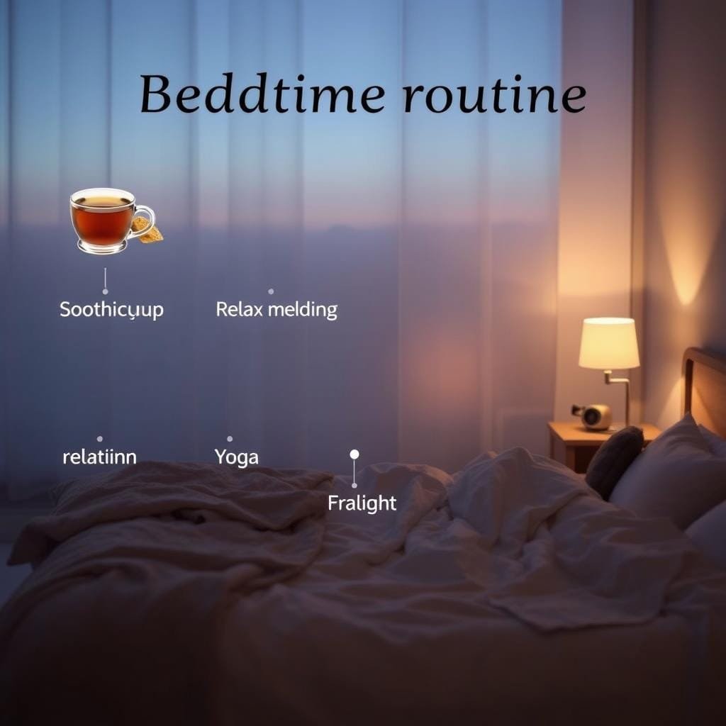 A serene bedroom at twilight, soft candlelight and a cozy blanket on the bed. In the foreground, a timeline of bedtime routine activities - a soothing cup of herbal tea, a good book, relaxing yoga poses, and finally slipping into a comfortable sleep position. The middle ground features a nightstand with a few purposeful items like a sleep-tracking device and a gratitude journal. The background is hazy with muted colors, creating a sense of tranquility and rest. The overall mood is one of intentional, relaxing self-care for a restful night's sleep.