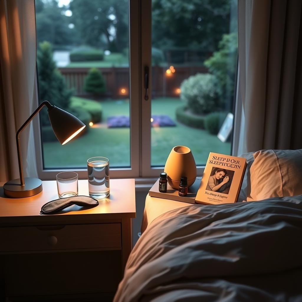 A serene bedroom scene, with a nightstand and a plush bed in the foreground, softly lit by a reading lamp. On the nightstand, an array of sleep-aiding items - a glass of water, a sleep mask, essential oil diffuser, and a book on sleep hygiene. In the middle ground, a large window overlooking a tranquil garden, casting a gentle glow across the room. The atmosphere is calming, inviting rest and relaxation. The camera angle is slightly elevated, capturing the arrangement of sleep-promoting elements within the peaceful bedroom setting.
