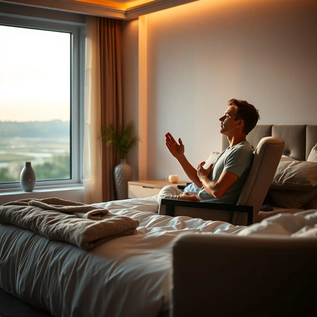 A serene bedroom scene with a person in a comfortable chair, practicing deep breathing and meditation techniques. The room is bathed in soft, warm lighting, with a view of a tranquil landscape through a large window. Plush bedding, a nightstand with a calming diffuser, and a cozy armchair create an atmosphere of relaxation and rest. The overall composition suggests a peaceful and sleep-promoting evening routine.