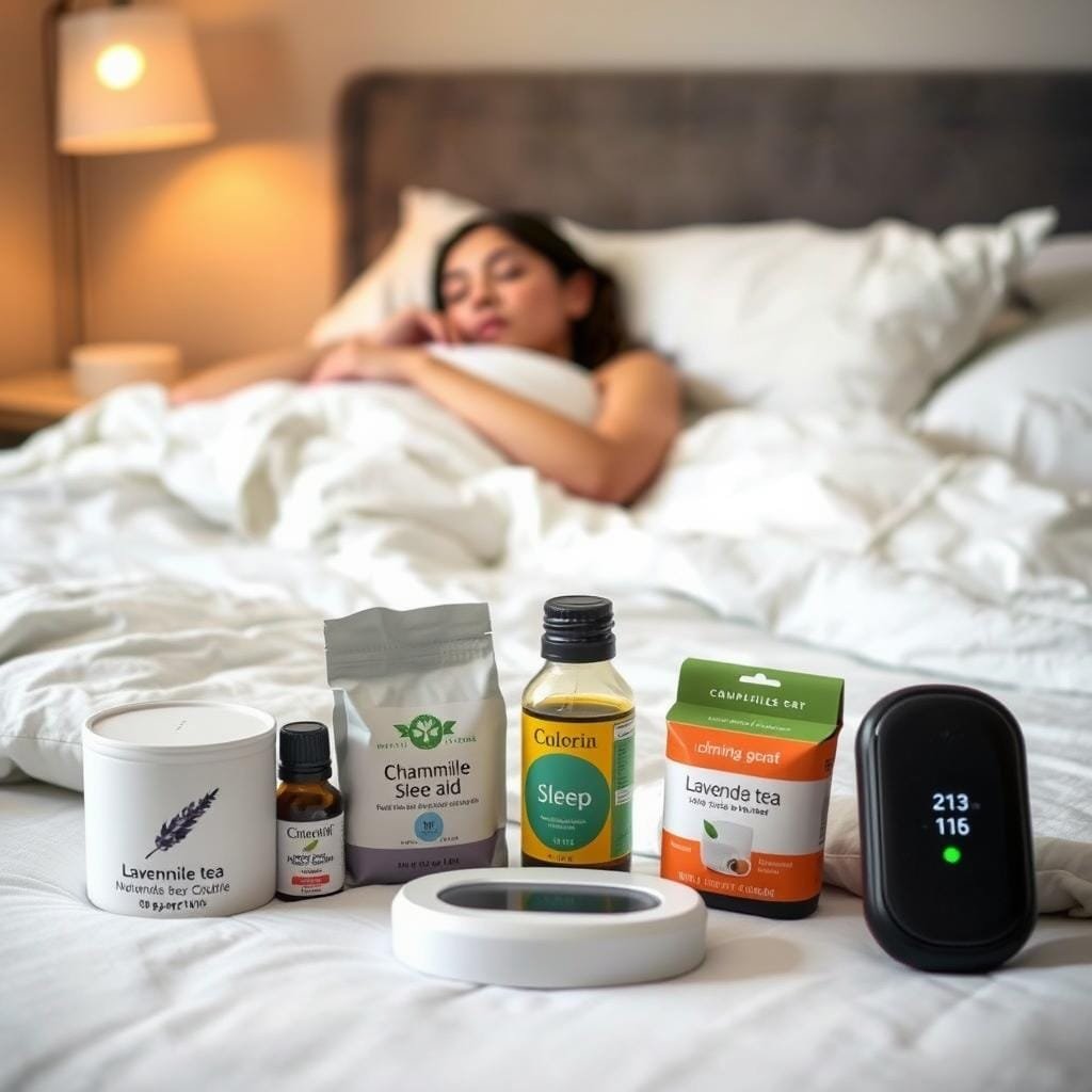 A serene bedroom scene with a person lying on a comfortable bed, eyes closed, hands resting at their sides. Soft, warm lighting from a bedside lamp casts a peaceful glow. In the foreground, a selection of natural sleep aids such as chamomile tea, lavender oil, and a sleep-tracking device. The middle ground features a plush comforter and fluffy pillows, inviting relaxation. The background showcases a minimalist, calming décor with neutral tones and natural elements like a potted plant or driftwood accent. An atmosphere of tranquility and mindfulness for better sleep quality.