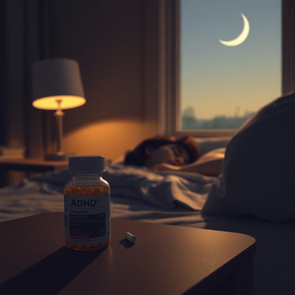 A serene bedscape at night, with a person sleeping peacefully under the soft glow of a bedside lamp. In the foreground, a bottle of ADHD medication sits on the nightstand, casting a subtle shadow. The room is bathed in a warm, muted palette, creating a sense of tranquility. Through the window, a crescent moon shines, illuminating the serene landscape outside. The overall scene conveys the calming effects of ADHD medication on the individual's sleep patterns, balancing the necessary treatment with the desire for uninterrupted rest.
