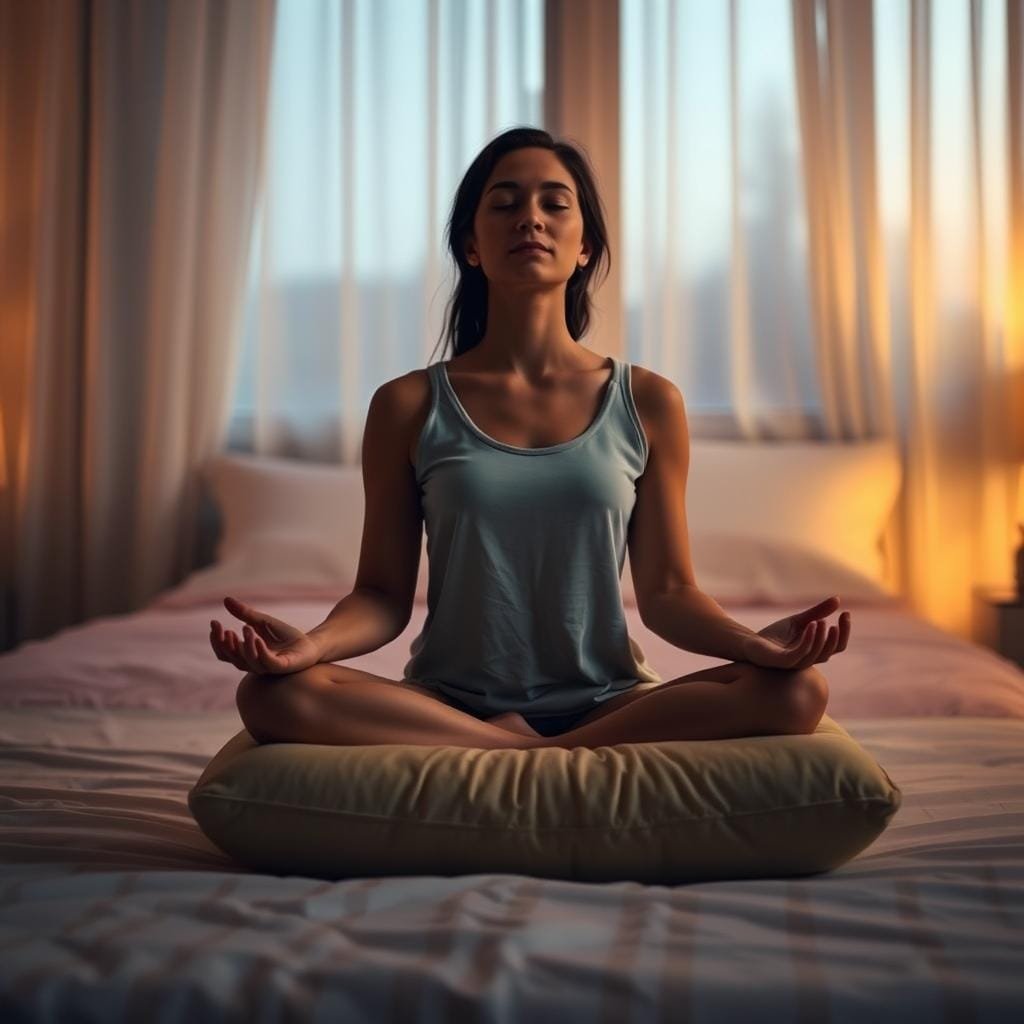 A serene, dimly lit bedroom at dusk. Soft, warm light filters through sheer curtains, casting a comforting glow. In the foreground, a person sits cross-legged on a plush, oversized cushion, their eyes gently closed. Their hands rest on their knees, palms facing upwards, as they practice slow, rhythmic breathing. The background is hazy, blurred, focusing the viewer's attention on the central figure's tranquil, meditative pose. The atmosphere is one of peaceful introspection, ideal for a guided sleep meditation session.
