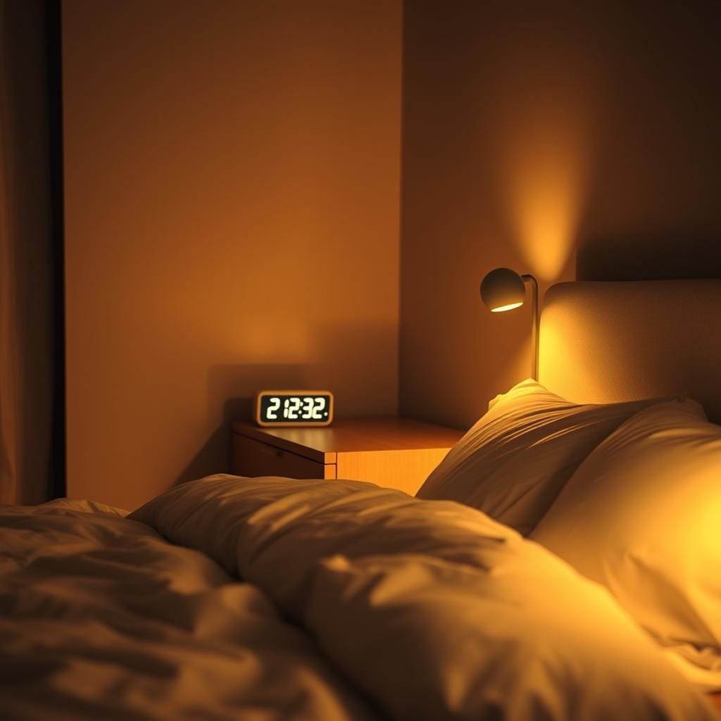 A serene, dimly lit bedroom scene with a soft, dreamy atmosphere. In the foreground, a comfortable-looking bed with plush bedding in neutral tones, surrounded by gentle, ambient lighting from bedside lamps with warm, glowing bulbs. In the middle ground, a wooden nightstand with a small, minimalist digital clock displaying the time in a soothing, calming manner. The background features subtly textured, muted-tone walls, creating a sense of tranquility and relaxation. The overall composition evokes a peaceful, sleep-inducing environment, with a focus on natural, unobtrusive elements that would complement a sleep-themed article.