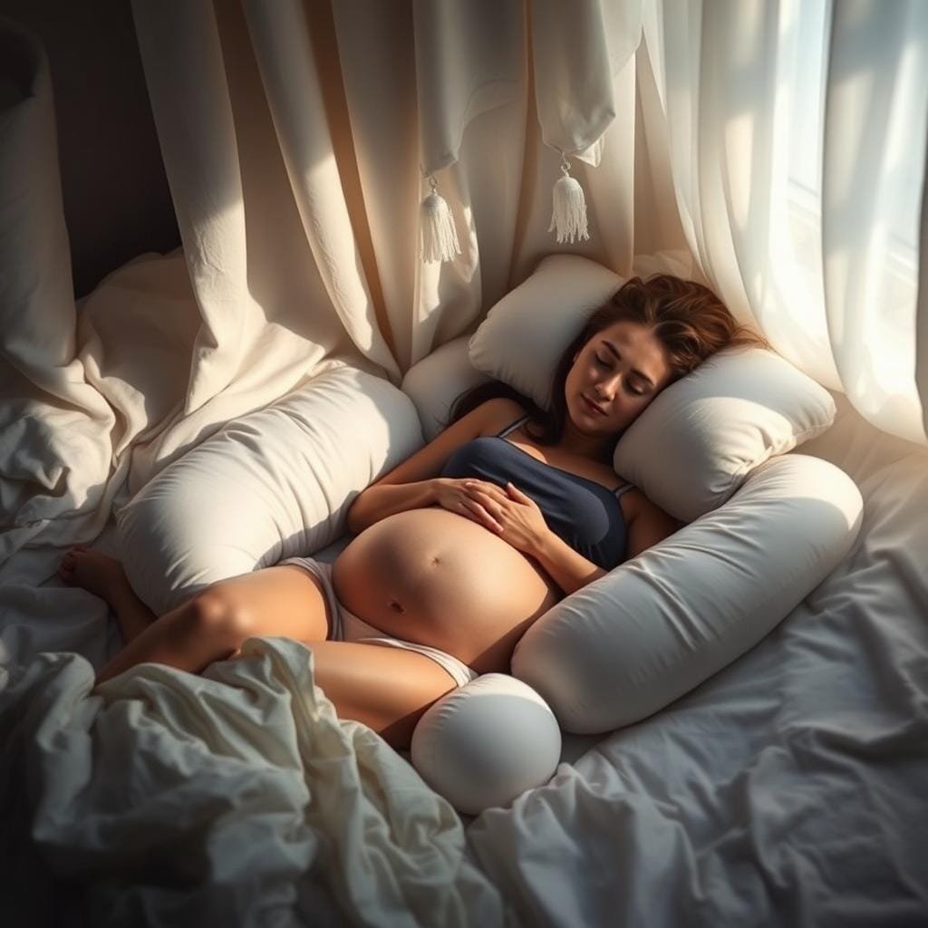 A serene, dimly lit bedroom with a pregnant woman peacefully sleeping on her side, surrounded by soft, billowing curtains and gentle lighting. Her body is supported by a collection of ergonomic pregnancy pillows, ensuring a comfortable, restful position. The woman's face is relaxed, and her hands gently rest on her growing belly, conveying a sense of tranquility and well-being. The atmosphere is calming, with subtle shadows and highlights accentuating the scene's peaceful ambiance, lending an air of natural, organic beauty to the image.