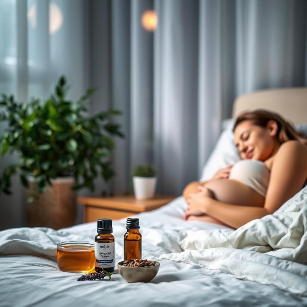 A serene, dimly lit bedroom with soft, natural textures. In the foreground, a pregnant woman rests comfortably on her side, her face relaxed and peaceful. Beside her, an array of natural sleep aids - chamomile tea, lavender essential oil, and a small bowl of crushed valerian root. The middle ground features a lush, potted plant and a warm, wooden side table. The background is hazy, with subtle hints of moonlight filtering through sheer curtains, creating a calming, tranquil atmosphere. The lighting is soft and diffused, adding to the sense of relaxation and restfulness. The overall mood is one of tranquility, comfort, and natural solutions to improve sleep during pregnancy.
