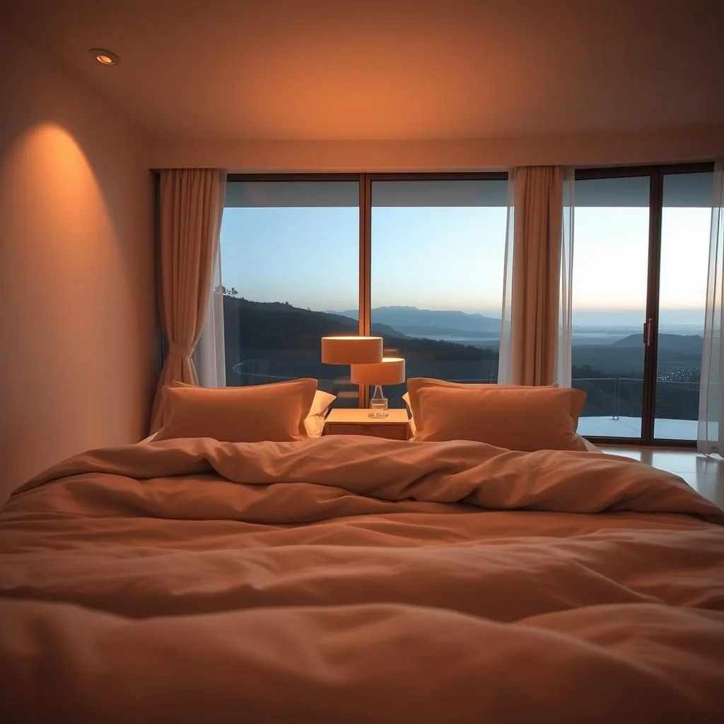 A serene, minimalist sleep environment optimized for hypersomnia. In the foreground, a large, cozy king-size bed with plush, neutral-toned bedding and multiple pillows for comfort. Soft, warm lighting illuminates the space, creating a calming ambiance. The middle ground features a wooden nightstand with a simple, modern lamp and a glass of water. In the background, a tranquil landscape visible through a large, unobstructed window, with curtains gently swaying in a soft breeze. The overall mood is one of relaxation, rest, and restorative sleep.