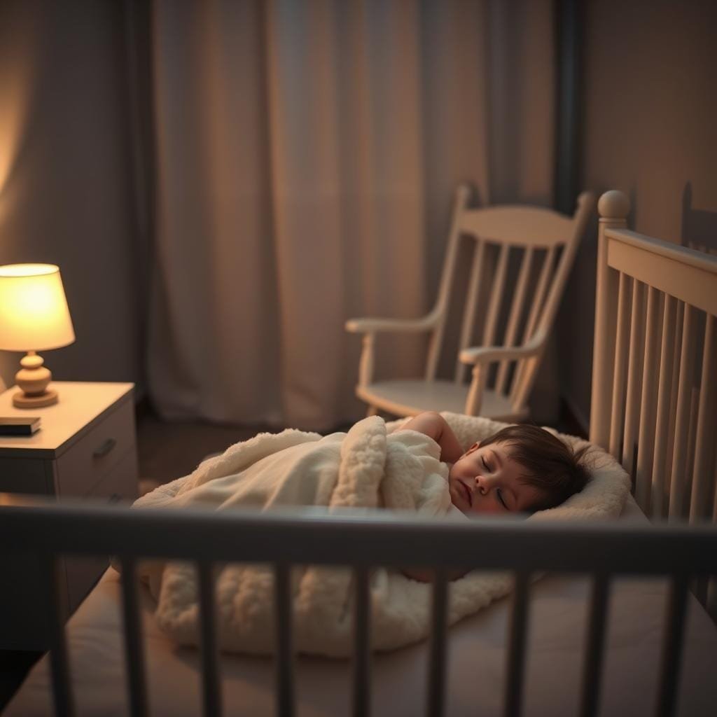 A serene nursery scene, dimly lit with a warm, soft glow from a table lamp. In the foreground, a toddler peacefully slumbering in a cozy crib, wrapped in a plush, cloud-like blanket. Muted pastel hues create a calming atmosphere, with subtle textures on the bedding and crib bars. In the middle ground, a rocking chair stands at the ready, its gentle sway a symbol of the soothing techniques used during sleep training. The background is hazy, suggesting a tranquil, distraction-free environment, ideal for a restful toddler slumber.