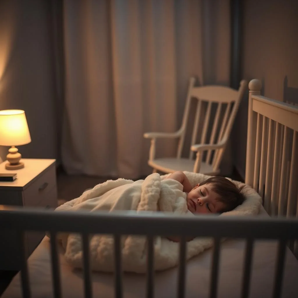 A serene nursery scene, dimly lit with a warm, soft glow from a table lamp. In the foreground, a toddler peacefully slumbering in a cozy crib, wrapped in a plush, cloud-like blanket. Muted pastel hues create a calming atmosphere, with subtle textures on the bedding and crib bars. In the middle ground, a rocking chair stands at the ready, its gentle sway a symbol of the soothing techniques used during sleep training. The background is hazy, suggesting a tranquil, distraction-free environment, ideal for a restful toddler slumber. A serene nursery scene, dimly lit with a warm, soft glow from a table lamp. In the foreground, a toddler peacefully slumbering in a cozy crib, wrapped in a plush, cloud-like blanket. Muted pastel hues create a calming atmosphere, with subtle textures on the bedding and crib bars. In the middle ground, a rocking chair stands at the ready, its gentle sway a symbol of the soothing techniques used during sleep training. The background is hazy, suggesting a tranquil, distraction-free environment, ideal for a restful toddler slumber.