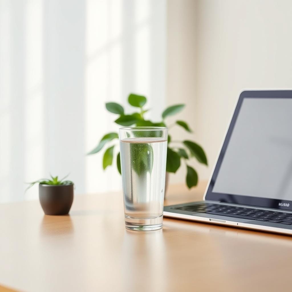 A serene office setting, with a desk showcasing a glass of water, an open laptop, and a plant. Soft, natural lighting illuminates the scene, creating a calming atmosphere. The water glass is positioned prominently, highlighting its role in maintaining mental alertness. The laptop displays a minimalist desktop, suggesting the user's focus on work. The plant adds a touch of greenery, symbolizing the connection between hydration, energy, and mental clarity. The overall composition conveys the importance of staying hydrated for optimal cognitive performance.