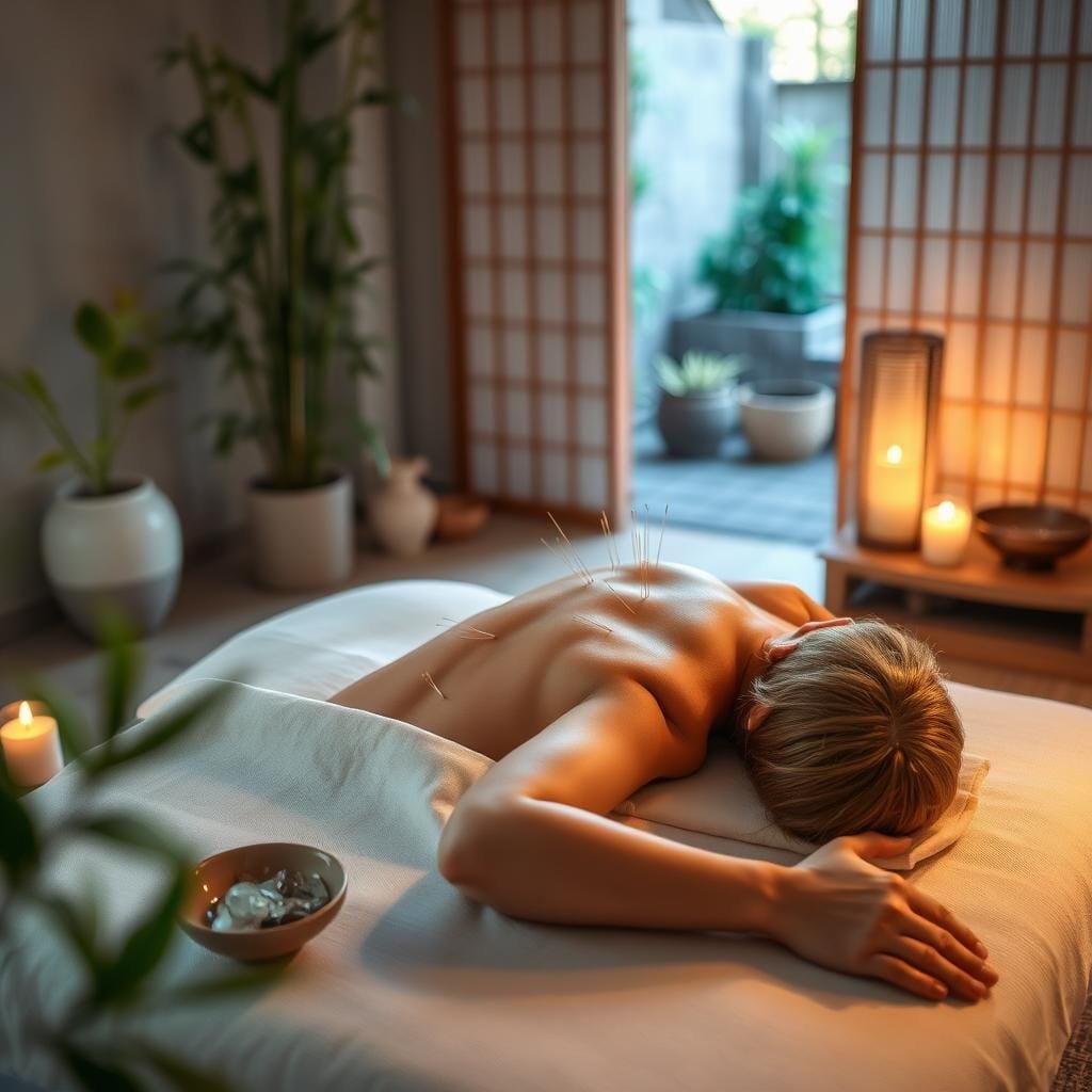 A serene scene of an acupuncture treatment for sleep disorders. In the foreground, a person lies comfortably on a massage table, eyes closed, with delicate needles gently inserted along their back and limbs. Soft, warm lighting casts a calming glow, while the middle ground features soothing elements like a bamboo plant, burning incense, and a bowl of crystals. The background showcases a tranquil Asian-inspired interior, with minimalist decor and a window offering a glimpse of a peaceful outdoor garden. The atmosphere exudes a sense of relaxation, harmony, and the promise of a restorative night's sleep.