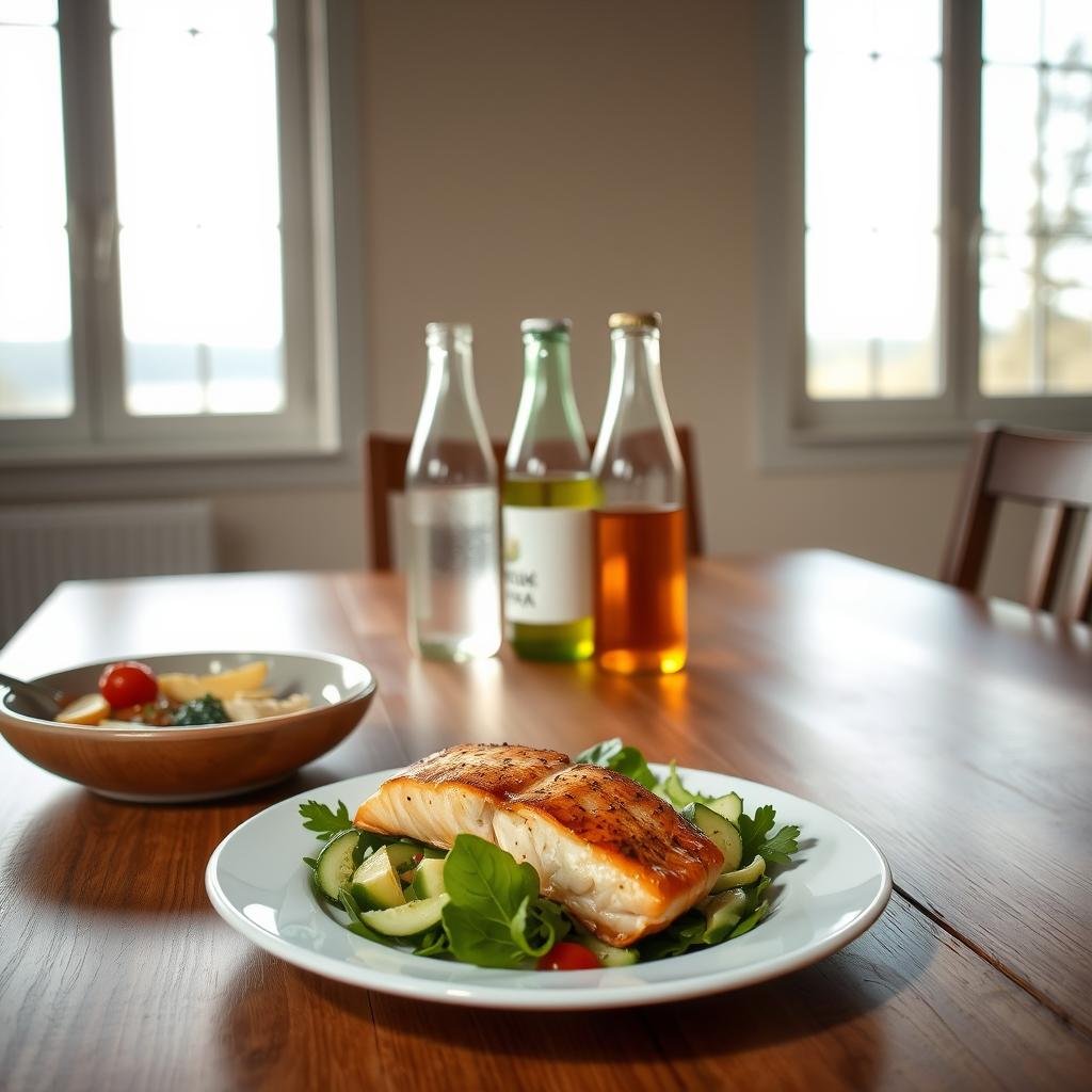 A serene, well-lit dining room with a wooden table showcasing a variety of healthy meal options for managing acid reflux and promoting weight loss. In the foreground, a plate features a balanced plate of grilled salmon, steamed vegetables, and a side salad. In the middle ground, glass bottles of sparkling water and herbal tea are arranged neatly. The background features a large window overlooking a calm, natural landscape, creating a peaceful, calming atmosphere. The lighting is soft and diffused, emphasizing the tranquility of the scene. The overall composition conveys a sense of balance, wellness, and mindful eating for better sleep with acid reflux.