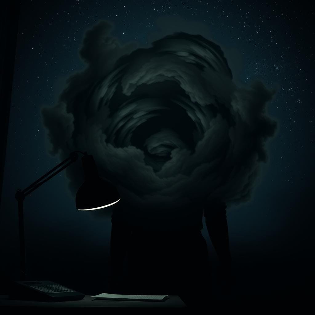 A shadowy figure, once vibrant with the day's tasks, now engulfed in a swirling vortex of nighttime anxiety. In the foreground, a desk lamp casts an eerie glow, its once-soothing light now a harbinger of restless hours ahead. The middle ground captures the transformation, as the day's work-related stress morphs into a churning, ominous energy, manifested in a dark, roiling cloud that envelops the subject. In the background, a starry night sky, usually a calming presence, now seems distant and indifferent, emphasizing the solitary nature of this nighttime battle. Lighting is dramatic, with deep shadows and stark contrasts, creating a sense of unease and impending doom. The overall mood is one of overwhelming, suffocating anxiety, a visual representation of the transition from daily challenges to nocturnal anguish.