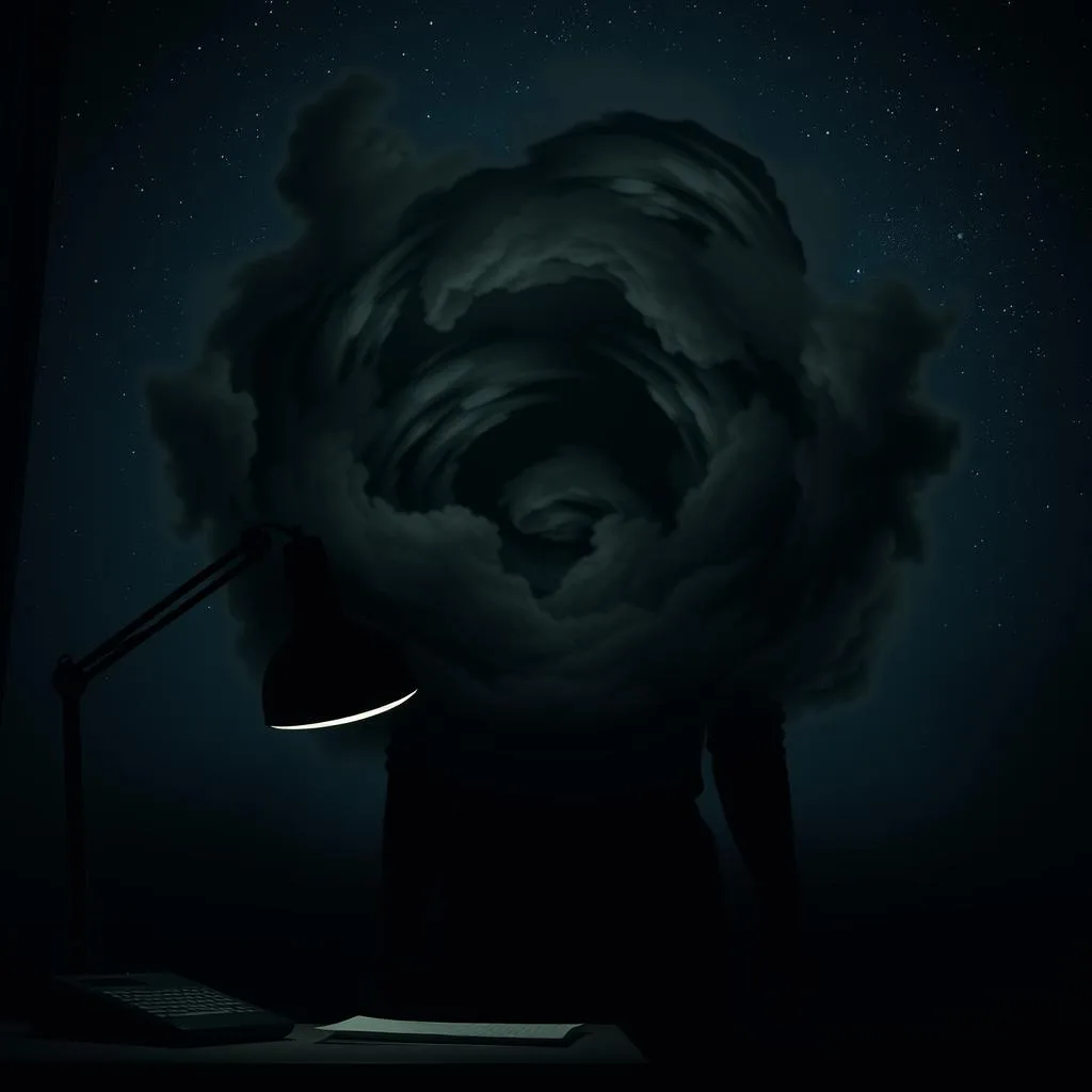 A shadowy figure, once vibrant with the day's tasks, now engulfed in a swirling vortex of nighttime anxiety. In the foreground, a desk lamp casts an eerie glow, its once-soothing light now a harbinger of restless hours ahead. The middle ground captures the transformation, as the day's work-related stress morphs into a churning, ominous energy, manifested in a dark, roiling cloud that envelops the subject. In the background, a starry night sky, usually a calming presence, now seems distant and indifferent, emphasizing the solitary nature of this nighttime battle. Lighting is dramatic, with deep shadows and stark contrasts, creating a sense of unease and impending doom. The overall mood is one of overwhelming, suffocating anxiety, a visual representation of the transition from daily challenges to nocturnal anguish. A shadowy figure, once vibrant with the day's tasks, now engulfed in a swirling vortex of nighttime anxiety. In the foreground, a desk lamp casts an eerie glow, its once-soothing light now a harbinger of restless hours ahead. The middle ground captures the transformation, as the day's work-related stress morphs into a churning, ominous energy, manifested in a dark, roiling cloud that envelops the subject. In the background, a starry night sky, usually a calming presence, now seems distant and indifferent, emphasizing the solitary nature of this nighttime battle. Lighting is dramatic, with deep shadows and stark contrasts, creating a sense of unease and impending doom. The overall mood is one of overwhelming, suffocating anxiety, a visual representation of the transition from daily challenges to nocturnal anguish.