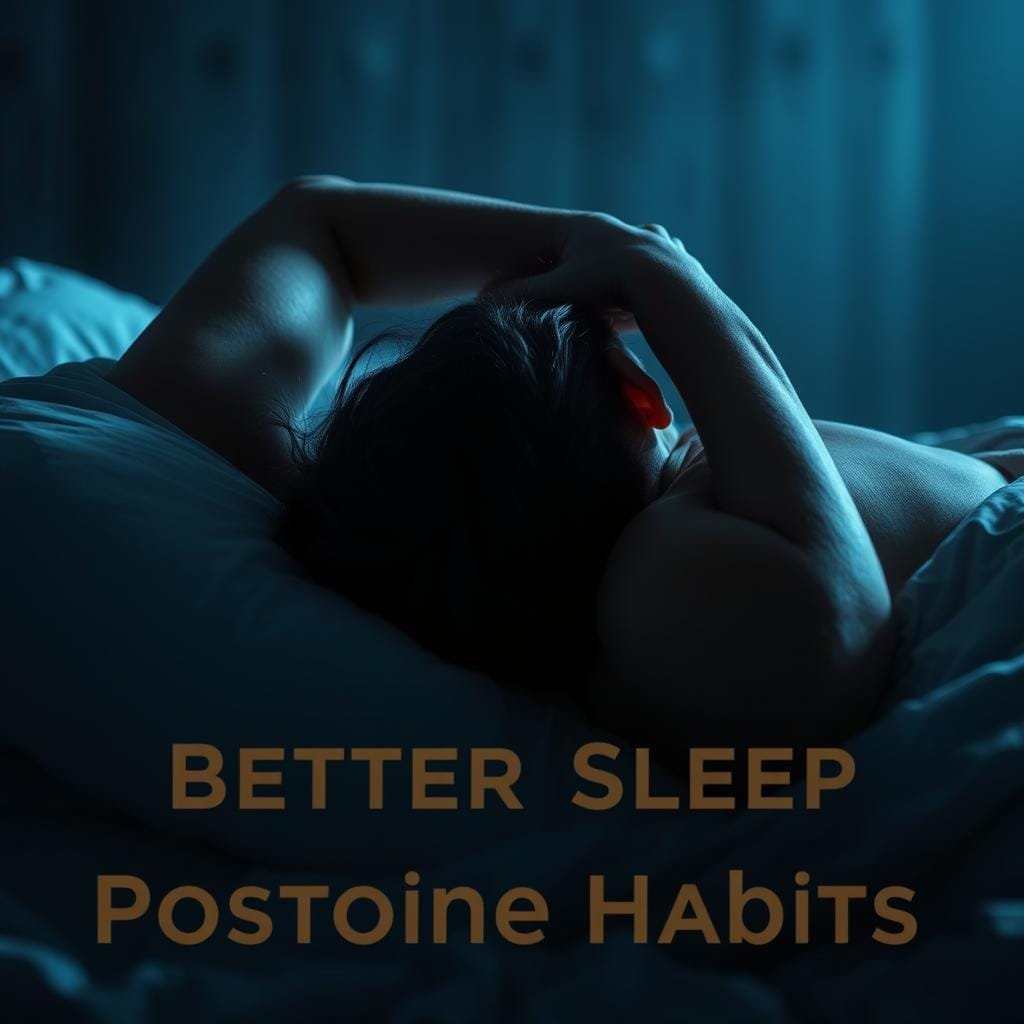 A sleeping person with their head and neck bent at an awkward angle, causing strain and misalignment. The scene is dimly lit, with soft shadows highlighting the contours of the body. The sleeper is lying on their side, with one arm tucked under their head, creating a distorted, uncomfortable-looking posture. The background is hazy and blurred, emphasizing the focus on the twisted neck and poor sleep positioning. The image conveys a sense of unease and the need for better sleep posture habits.