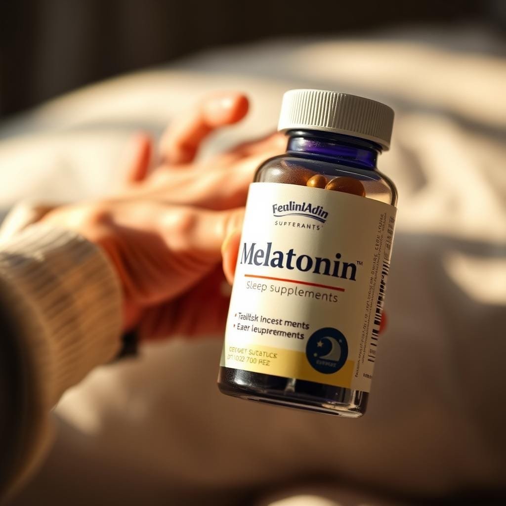 A softly lit close-up of a hand holding a bottle of melatonin sleep supplements, the label clearly visible. The bottle is set against a blurred background of an elderly person's hand reaching for the bottle, conveying the target audience. Natural, warm lighting illuminates the scene, creating a calming, reassuring atmosphere. The depth of field is shallow, keeping the foreground in sharp focus while the background gently fades. The composition is balanced, drawing the viewer's attention to the melatonin bottle as the central subject.