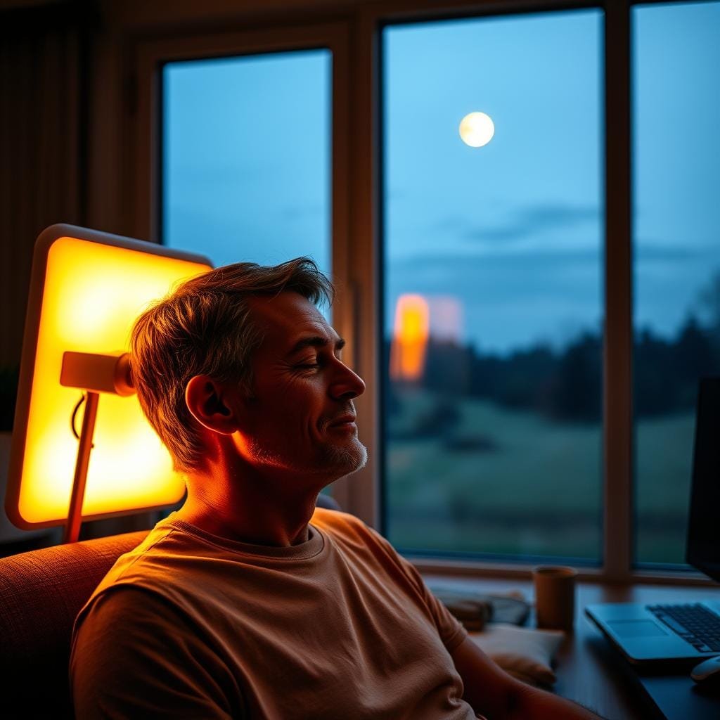 A softly lit home office, with a man using a specialized light therapy lamp to adjust his circadian rhythm. The warm, amber glow of the lamp bathes the man's face, evoking a sense of relaxation and focus. In the background, a large window overlooks a tranquil, moonlit landscape, suggesting the transition from day to night. The scene conveys a peaceful, meditative atmosphere, highlighting the transformative power of light in regulating the body's natural sleep-wake cycle.