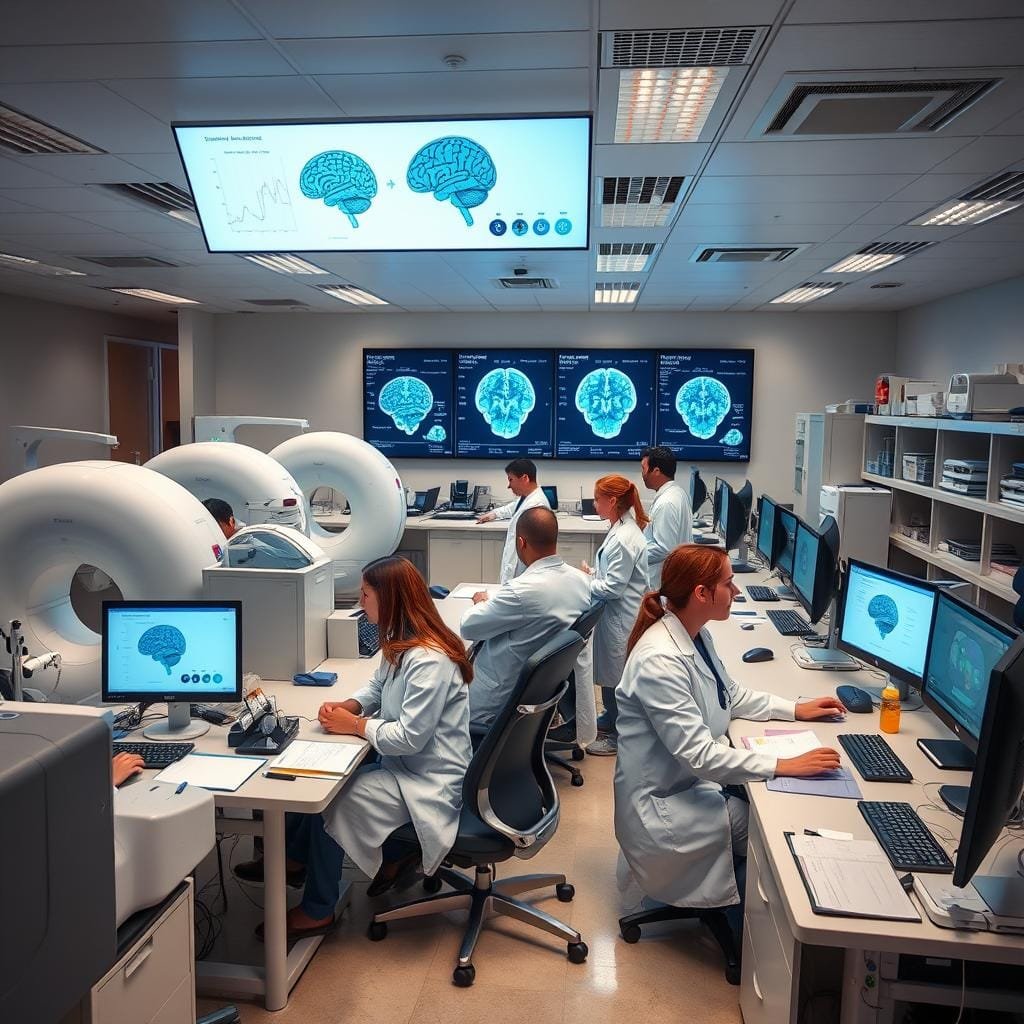 A sophisticated research laboratory filled with state-of-the-art equipment, including fMRI scanners, EEG machines, and computer workstations. Researchers in white coats and scrubs diligently analyze data, review clinical trial results, and collaborate on groundbreaking studies related to familial insomnia. The atmosphere is one of quiet focus and scientific rigor, with beams of soft lighting illuminating the scene. In the background, a wall-mounted display shows graphs, charts, and 3D renderings of brain activity, providing insights into the neurological mechanisms underlying this complex sleep disorder. The overall impression is one of dedicated, cutting-edge scientific inquiry aimed at unlocking the secrets of familial insomnia and paving the way for improved treatments and outcomes.