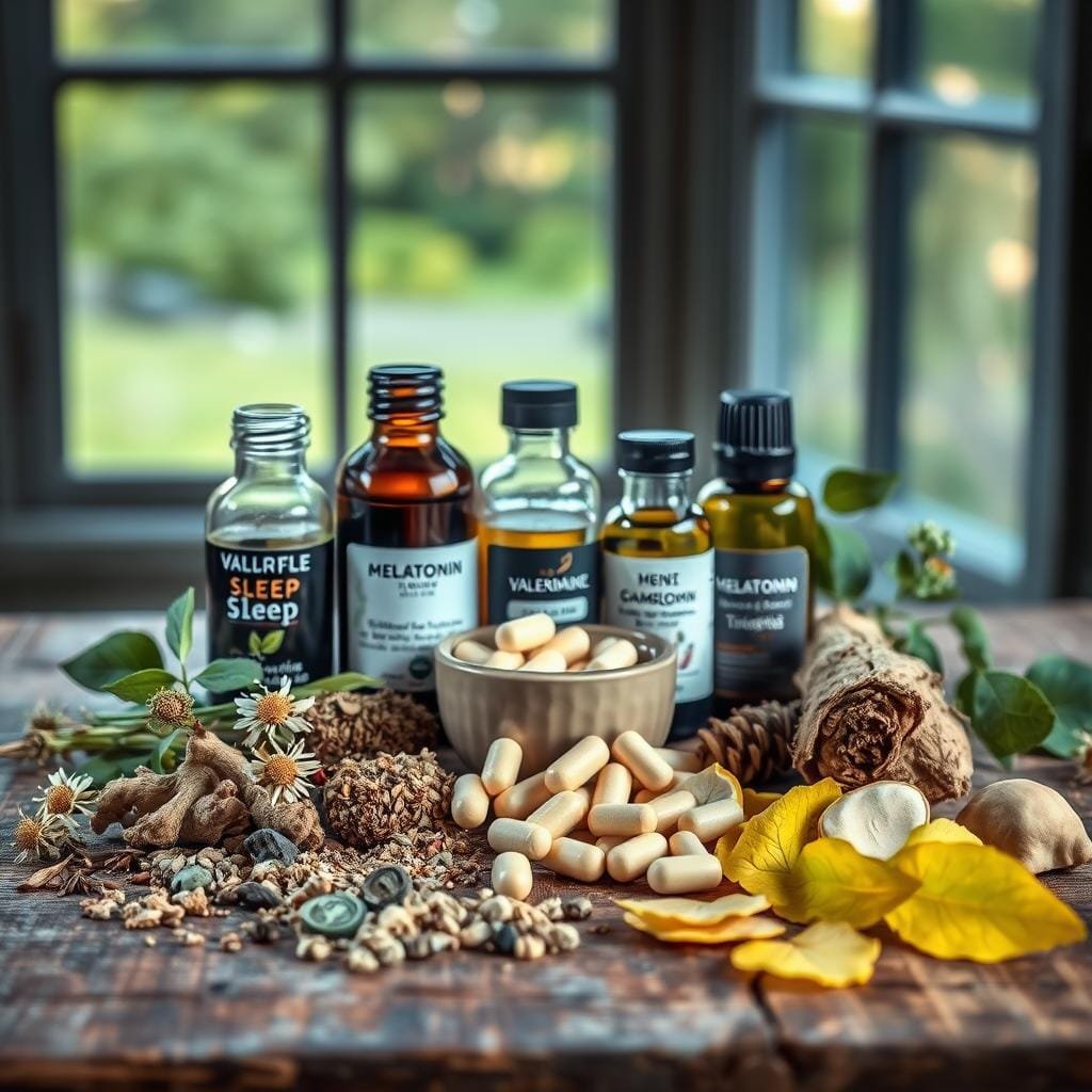 A still life composition depicting an assortment of natural herbal remedies and supplements arranged on a rustic wooden surface. In the foreground, various whole herbs and dried plant matter such as valerian root, chamomile flowers, and lemon balm leaves are neatly displayed. In the middle ground, glass jars and tincture bottles filled with herbal extracts and essential oils stand alongside a small ceramic bowl of melatonin capsules. The background features a softly blurred natural landscape visible through a window, casting a warm, ambient glow across the scene. The lighting is gentle and natural, creating a calming, soothing atmosphere that invites contemplation of the restorative properties of these natural sleep aids.