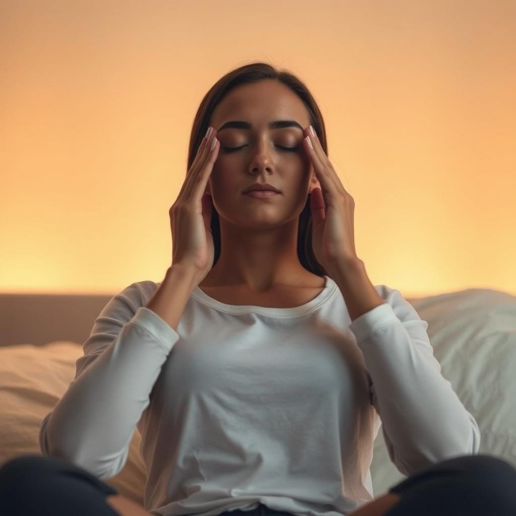 A tranquil and serene scene depicting a person performing breathing exercises for sleep, focused on key pressure points. The subject is positioned in a comfortable resting pose, with hands gently pressing on the temples and centers of the palms. Soft, warm lighting illuminates the scene, creating a calming atmosphere. The background is blurred and hazy, placing emphasis on the central figure and their meditative practice. Subtle details, such as the gentle rising and falling of the chest, convey a sense of peaceful relaxation. The overall composition is balanced and harmonious, inviting the viewer to embark on a journey towards better sleep and restoration.