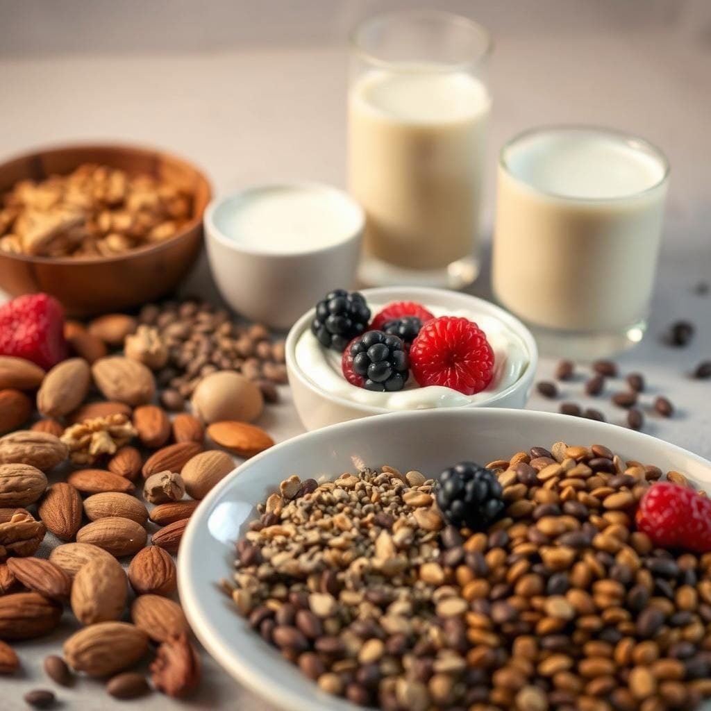 A tranquil still life arrangement featuring an assortment of protein-rich foods that can aid natural sleep. In the foreground, a plate showcases a selection of nuts, seeds, and legumes, such as almonds, walnuts, chia seeds, and lentils. In the middle ground, a bowl of creamy Greek yogurt is garnished with fresh berries, a natural source of melatonin. In the background, a glass of warm milk is set against a soft, muted color palette, evoking a cozy, calming atmosphere. The lighting is warm and gentle, highlighting the natural textures and colors of the ingredients. The composition is balanced and visually appealing, capturing the essence of a wholesome, sleep-promoting meal.