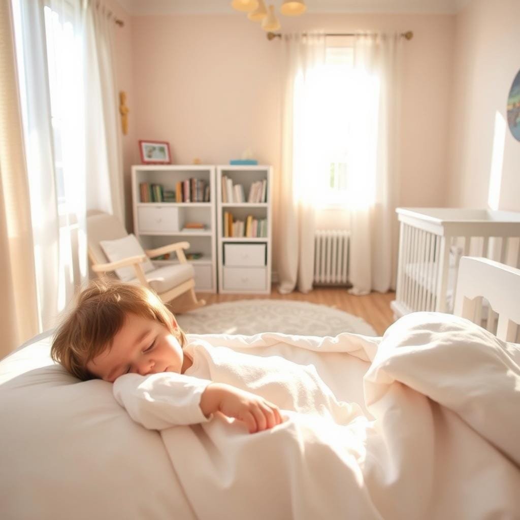 A tranquil, sun-drenched nursery scene captures a toddler's transition from two naps to one. In the foreground, a serene, well-rested toddler curled up in a cozy bed, their tiny features softened by the gentle light filtering through sheer curtains. The middle ground showcases a soothing color palette of pastel hues, with a rocking chair and a plush rug inviting relaxation. In the background, a neatly organized bookshelf and a mobile gently swaying overhead create a sense of balance and order, reflecting the rhythm of the child's evolving sleep schedule. The overall atmosphere is one of warmth, comfort, and the gentle unfolding of a new phase in the toddler's development.