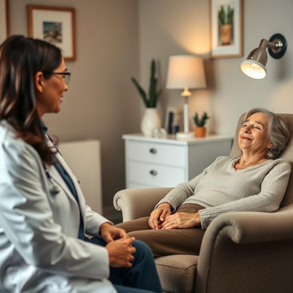 A warm, welcoming medical consultation room. In the foreground, a female sleep specialist sits attentively, offering compassionate guidance to a middle-aged woman during a menopause-related sleep consultation. The woman reclines comfortably in a plush chair, her expression one of relief and trust. Soft lighting casts a soothing glow, while the background features tasteful decor and medical accoutrements, conveying professionalism and expertise. The scene evokes a sense of care, understanding, and the promise of restorative sleep.
