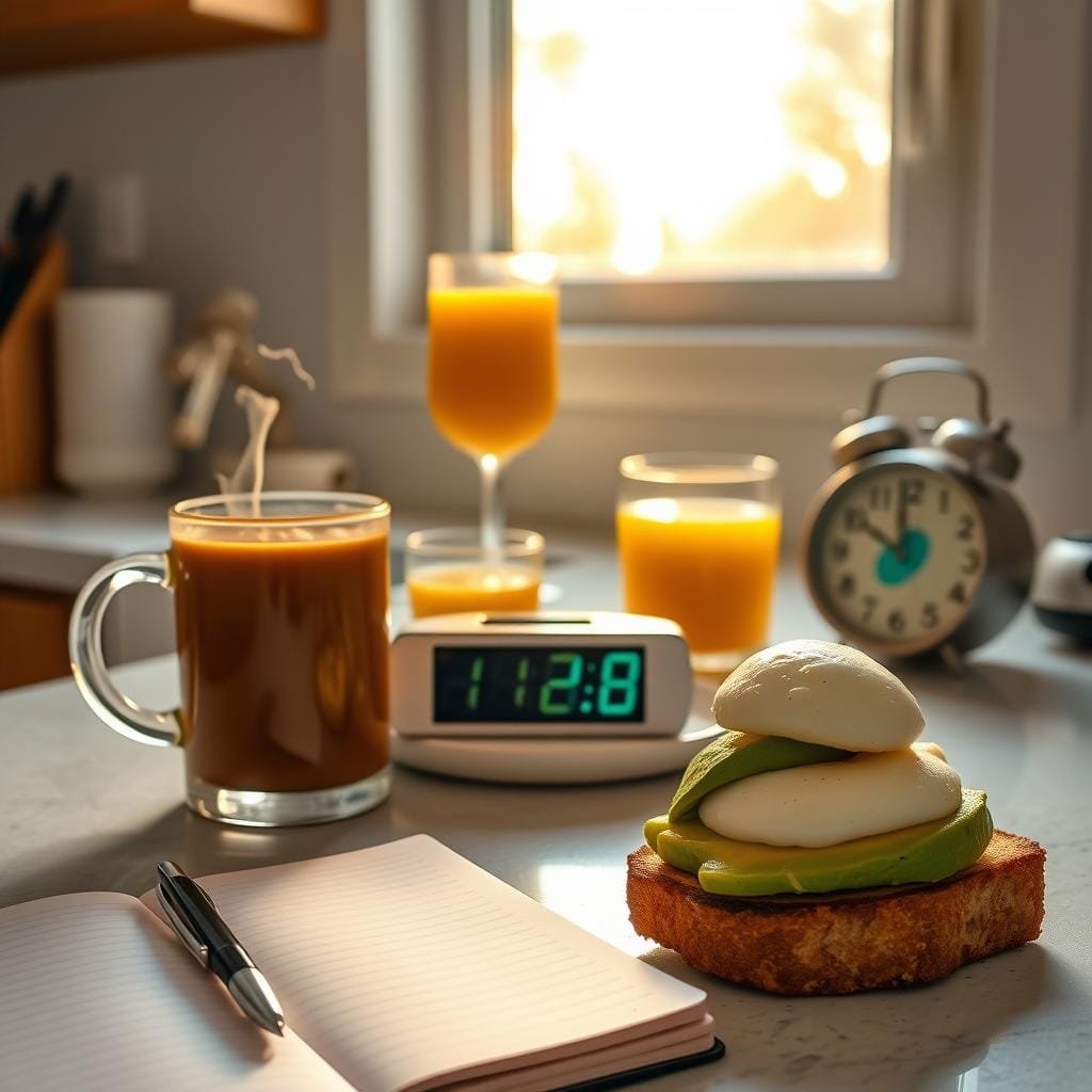 A well-lit kitchen counter with an array of energizing morning routine components. In the foreground, a steaming mug of freshly brewed coffee, a glass of freshly squeezed orange juice, and a plate of avocado toast topped with a poached egg. In the middle ground, an open notebook and a pen, symbolizing mindful planning, and a digital alarm clock displaying the early hour. The background features a window with the first rays of the morning sun streaming in, casting a warm, golden glow over the scene. The overall atmosphere is one of productivity, vitality, and a sense of purpose, inviting the viewer to start their day with intention and enthusiasm.