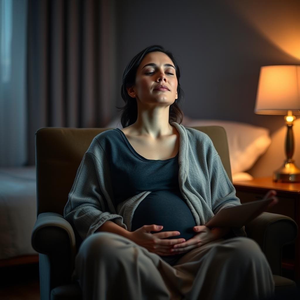 A woman sitting on a comfortable armchair, covered in a soft blanket, practicing meditation or deep breathing exercises. The room is dimly lit, with warm lighting from a bedside lamp. The atmosphere is calming and serene, conveying a sense of relaxation and stress relief. The woman's expression is one of tranquility, her eyes closed as she focuses on her breathing. The background is blurred, creating a sense of privacy and introspection. The image captures the essence of using relaxation techniques to manage pregnancy-related anxiety and improve sleep.