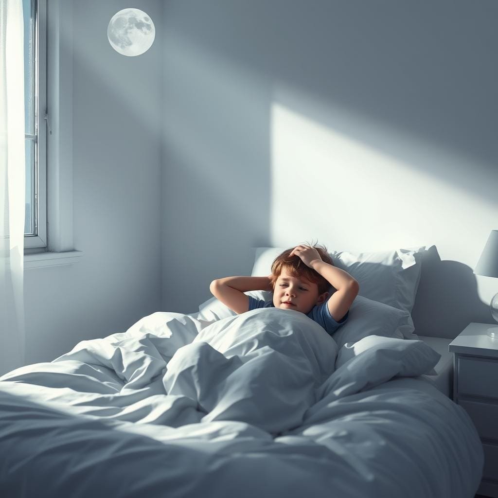 A young child tossing and turning in bed, their face anxious and troubled, as they struggle to sleep alone. Moonlight streams through the window, casting a soft glow on the scene. The room is spare, with simple furnishings, emphasizing the child's isolation. Shadows loom in the corners, hinting at the child's fears. The overall mood is one of unease and vulnerability, capturing the essence of night-time separation anxiety.