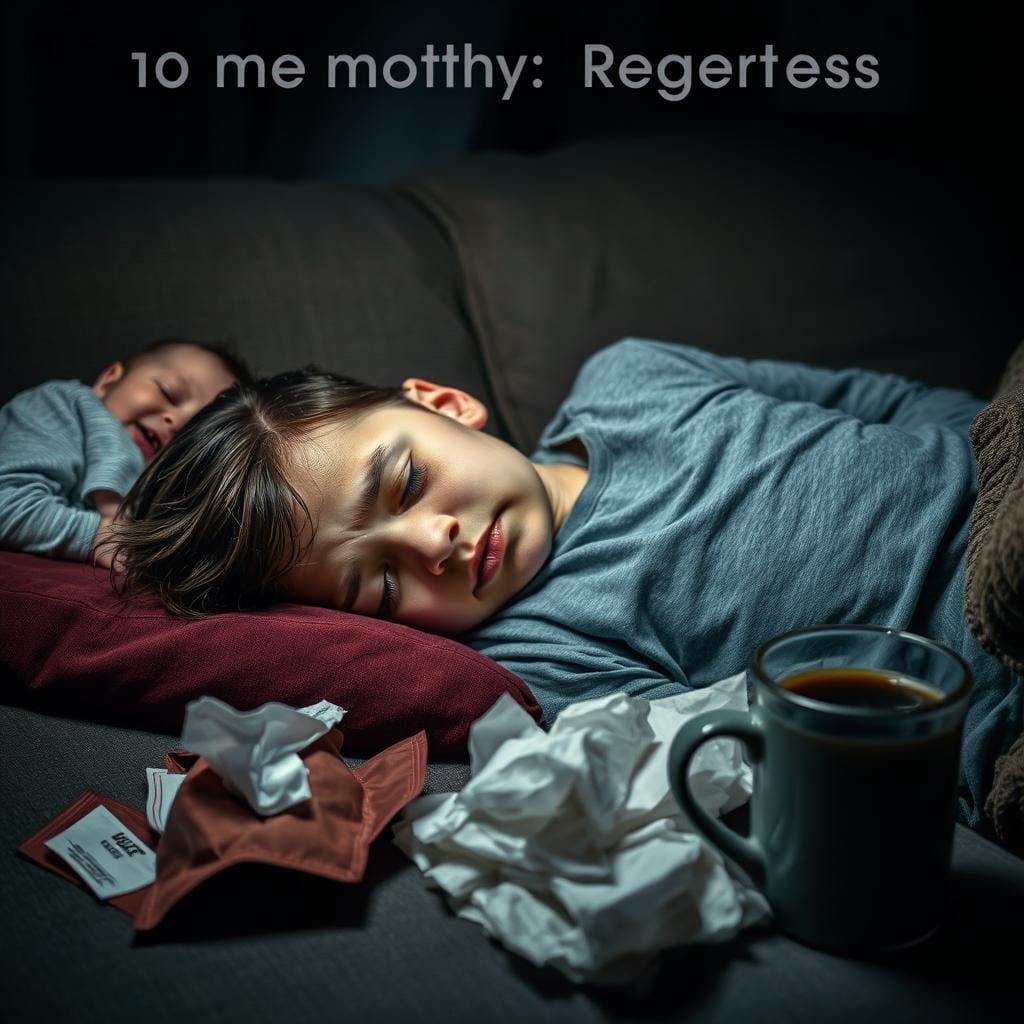 An exhausted parent resting on a couch, surrounded by signs of a 10-month sleep regression - a crying baby, piles of used tissues, a cup of strong coffee, and a sleep-deprived expression. The room is dimly lit, creating a moody, weary atmosphere. A mix of warm and cool tones, with soft focus and a shallow depth of field, emphasizes the parent's fatigue. The composition draws the viewer's attention to the parent's face, conveying the struggle and challenges of managing a sleep regression at this stage of parenting.