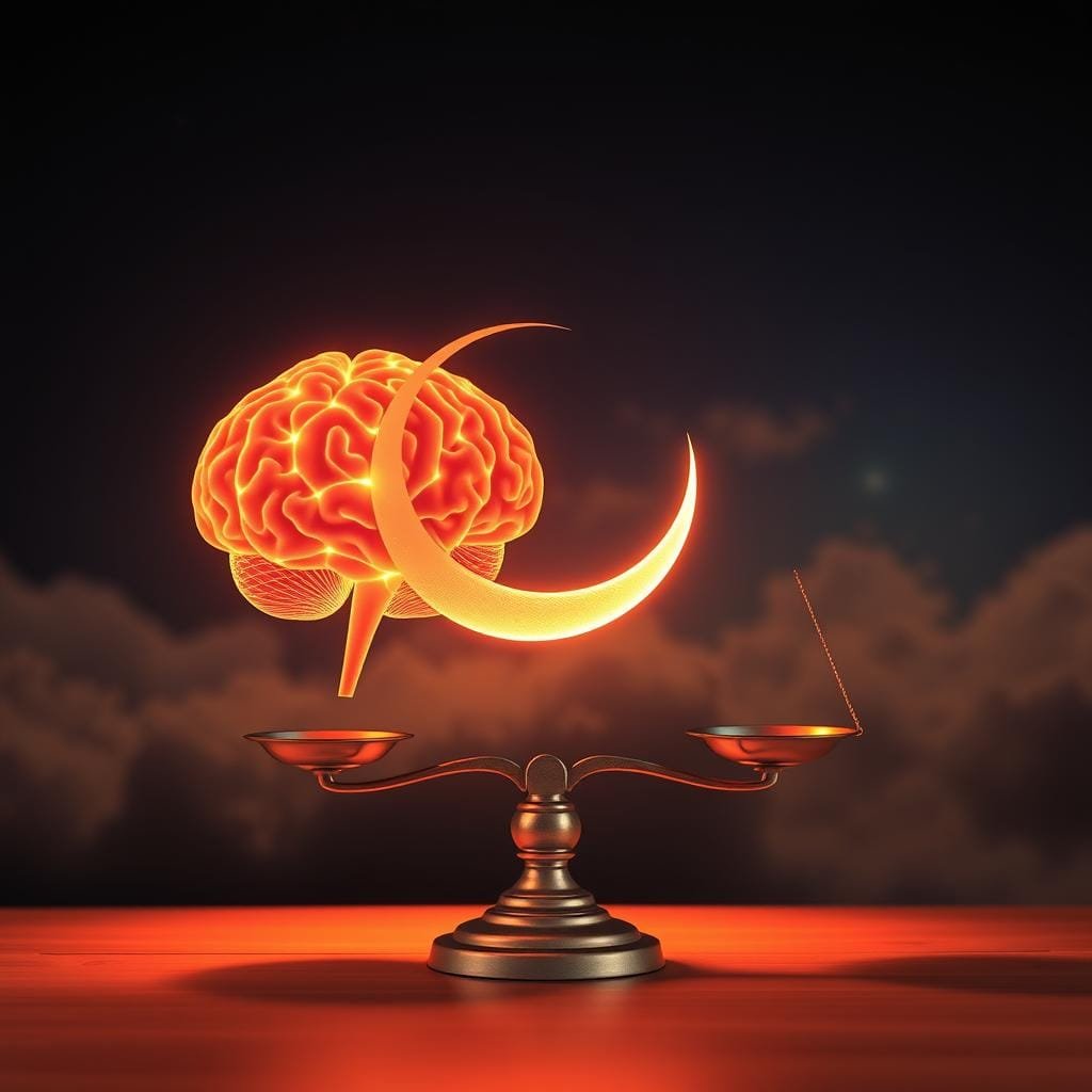 An intricately balanced composition depicting the hormonal interplay of stress and sleep. In the foreground, a glowing human brain surges with neural activity, representing the cortisol-fueled wakefulness of stress. Intertwined with it, a serene crescent moon casts a soothing glow, symbolizing the melatonin-driven tranquility of sleep. The middle ground features a delicate scale, its weighted pans symbolizing the fine balance between these opposing hormones. In the hazy background, wispy clouds drift across a starry night sky, conveying the calming, dreamlike essence of healthy sleep cycles. Warm, soft lighting illuminates the scene, evoking a sense of introspection and harmony.