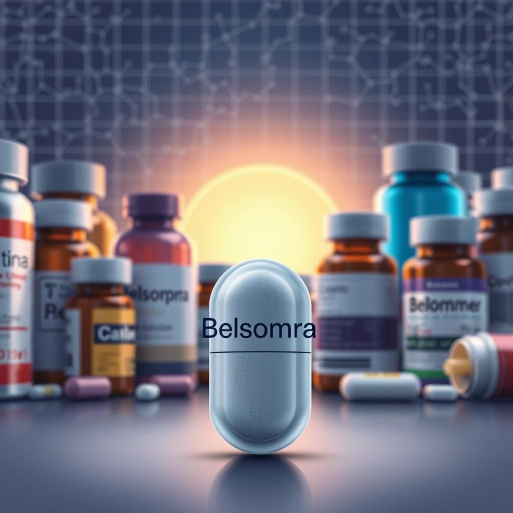 Belsomra compared to other sleep medications: a detailed medical illustration. In the foreground, a sleek, modern Belsomra capsule stands out, its design evoking a sense of advanced sleep science. Surrounding it, various other sleep medication bottles in a range of shapes and sizes, representing the common pharmaceutical options. The middle ground features a soft, warm glow, simulating the calming, restorative effects of sleep. In the background, a subtle grid of chemical structures and neural pathways, hinting at the complex neurological mechanisms underlying sleep and insomnia. The overall scene is rendered in a clinical, yet aesthetically pleasing style, conveying professionalism and authority. Lighting is balanced, with a slight depth of field to focus attention on the central Belsomra capsule.
